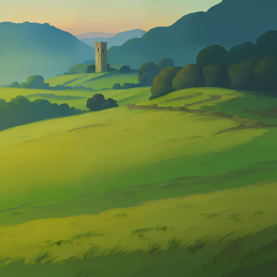 rolling hills, landscape, landscape of green grass, tower in background, wizard tower