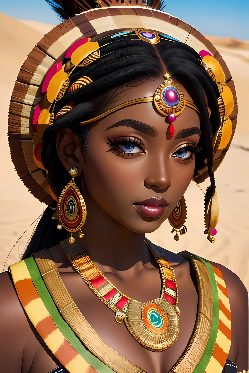 (masterpiece:1.2), (best quality:1.2), perfect eyes, perfect face, perfect lighting, photoshoot, 1girl, mature female wearing SSAHC, SSAHC, dark-skinned, colorful tribal dress, headdress, thick eyelashes, makeup, eyeshadow, medium hair, oasis, desert detailed outdoor background