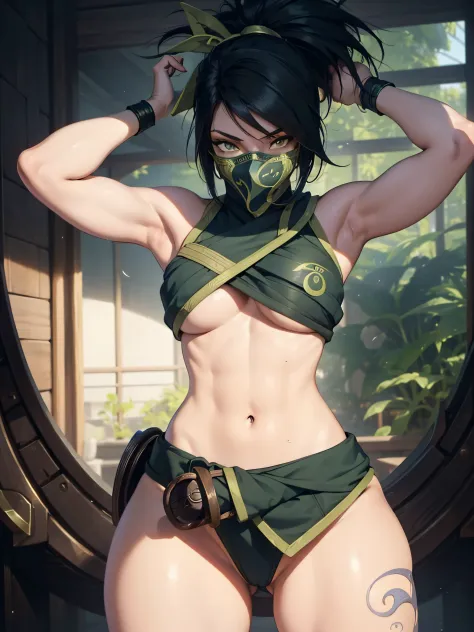 ((best quality)), (Highest image quality) (Detailed eye description) ((masterpiece)) (((akali)), 1girl, (((league of legends))), ((detailed: face)) solo, ((muscular)), looking at viewer, abs, mask, from below, navel, angry eyes, low camera angle, perfect a...