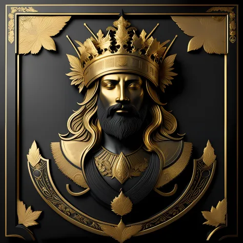 a golden king men on a matte black background with a gold border around, with a decorative intricate border around, matte gold l...