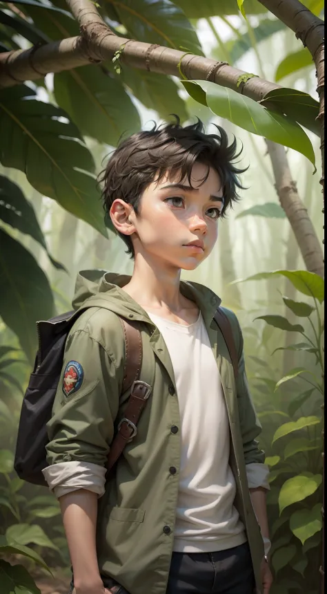 A boy with superpowers, standing in a jungle, looking at a old men.