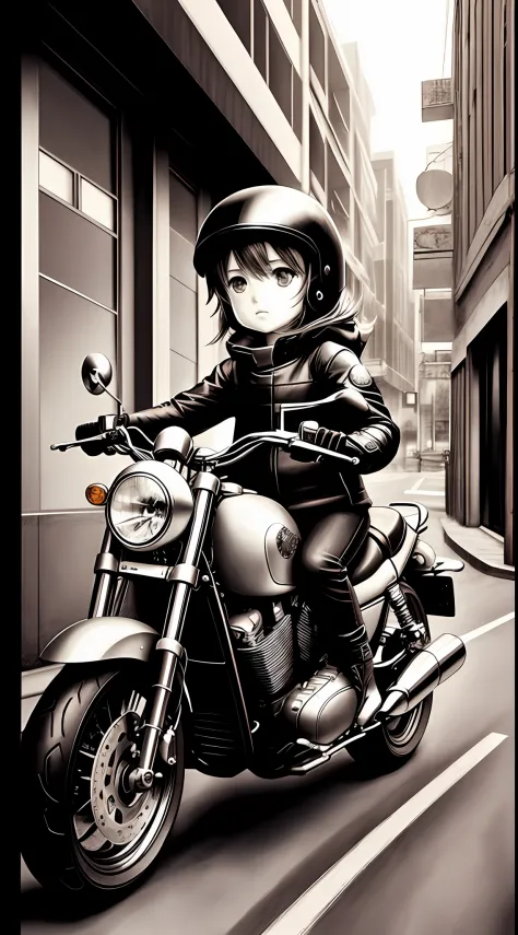 1 girl 5 year old drive motorcycle, character, Chibi style, real, art, explosion, beautiful, realistic, masterpieces, top quality, best quality, official art, beautiful and aesthetic, charocal: 1.5, sketch: 1.5, illustration painting, manga, pencil drawing...