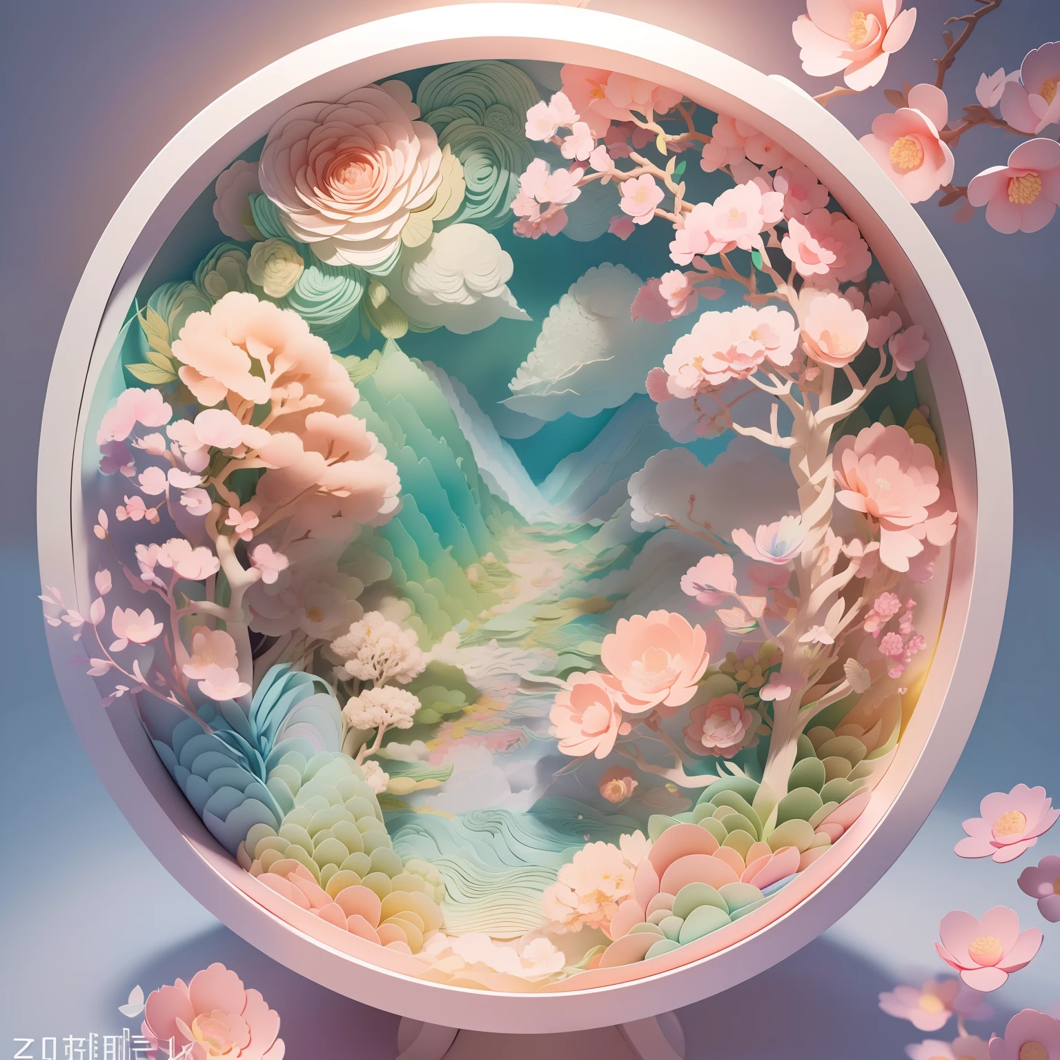 Thema „Regenbogenfarben“,(1 Mädchen,Meisterwerk peach blossoms), (Illustration:1.2,Papierkunst:1.2, verheddert:1.2, Geometrie:1.2,3D render),(beste Qualität, Hochdetailliert, Meisterwerk,  filmische Beleuchtung, 4K, Chiaroscuro)hohe Helligkeit，Hintergrund sind die Blumen