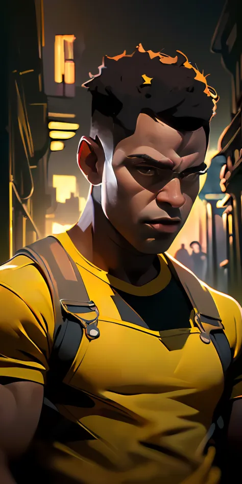 (character: one afro-american man, military, black short hair, (athletic body)) 
(clothing:  yellow mechanic overalls, black t-s...