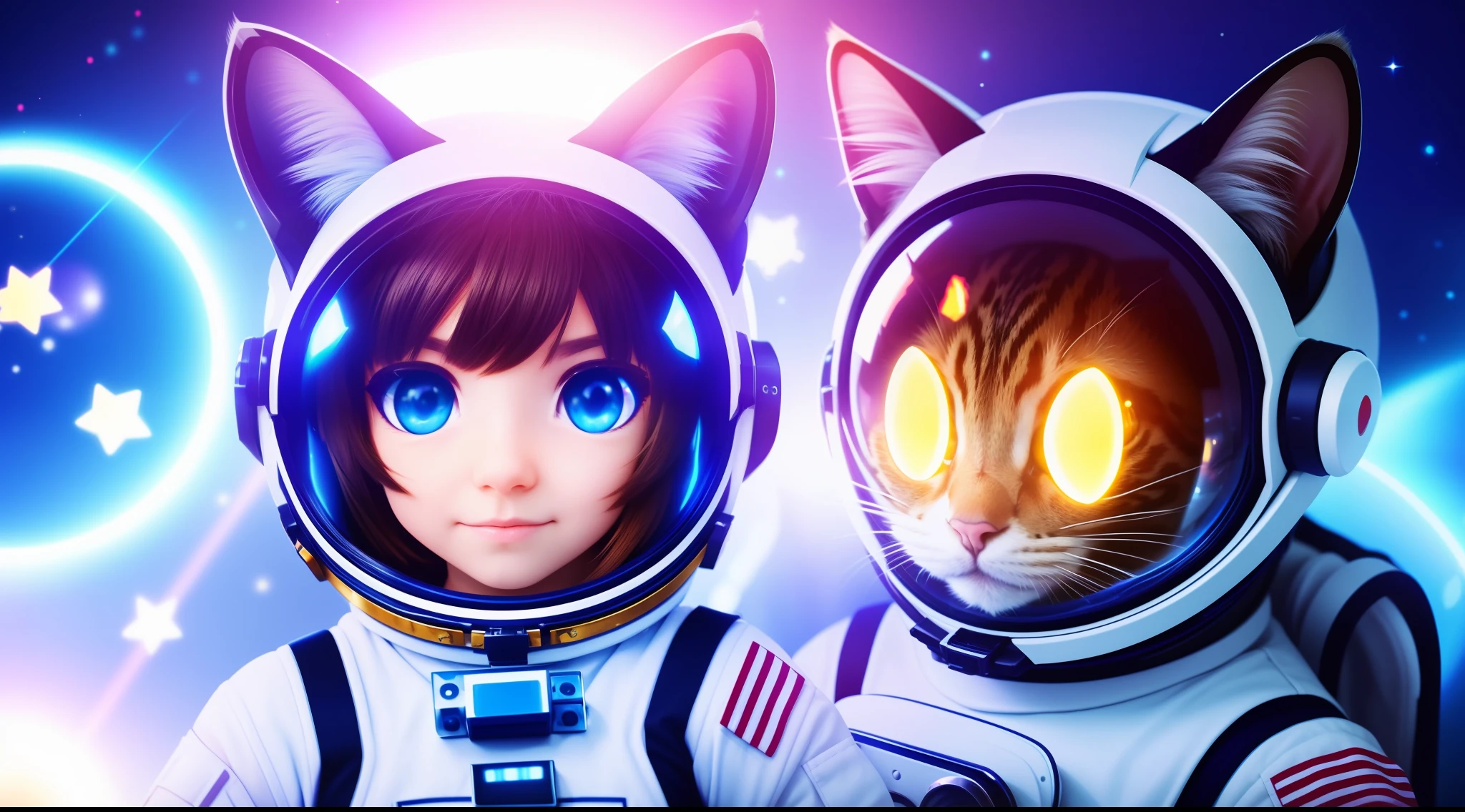 1cat, animal_ears, blue_eyes, blurry, blurry_background, blurry_foreground, chromatic_aberration, depth_of_field, glowing, lens_flare, looking_at_viewer, girl_focus, sans, solo, astronaut, girl body, fisheye