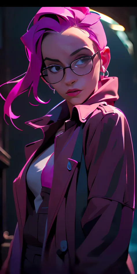 (character: one french woman, pink shaved sides haircut )
(clothing: pink trench coat, black shirt, glasses)
(background: dark a...