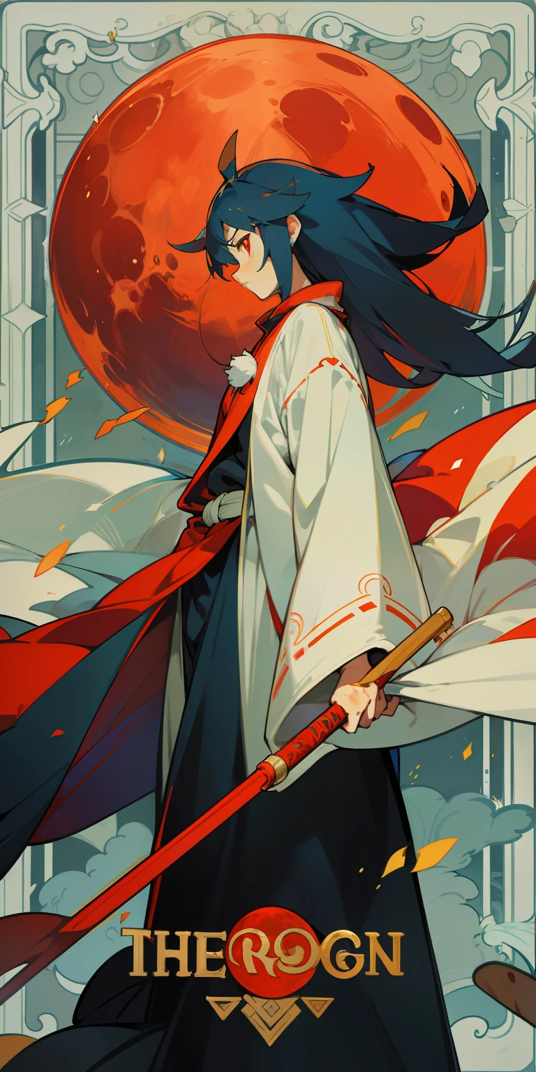 Red Moon，magnificent robe，holding a staff