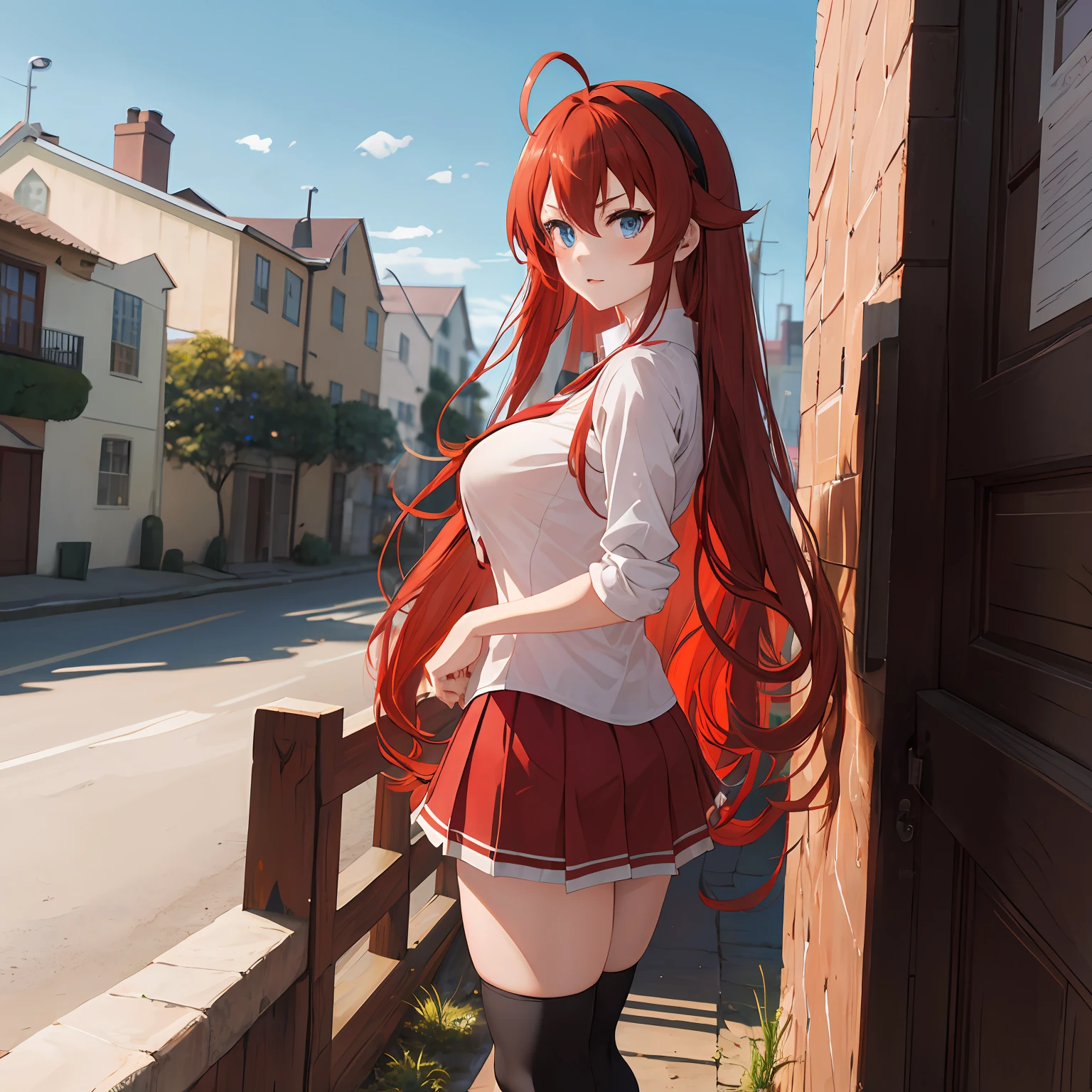 masterpiece, best quality, highres, best quality, highres, rias gremory, 1girl, long hair, school uniform, red hair, ahoge, blue eyes, large breasts, very long hair, breasts, skirt, huge ahoge, socks, standing, outdoors,