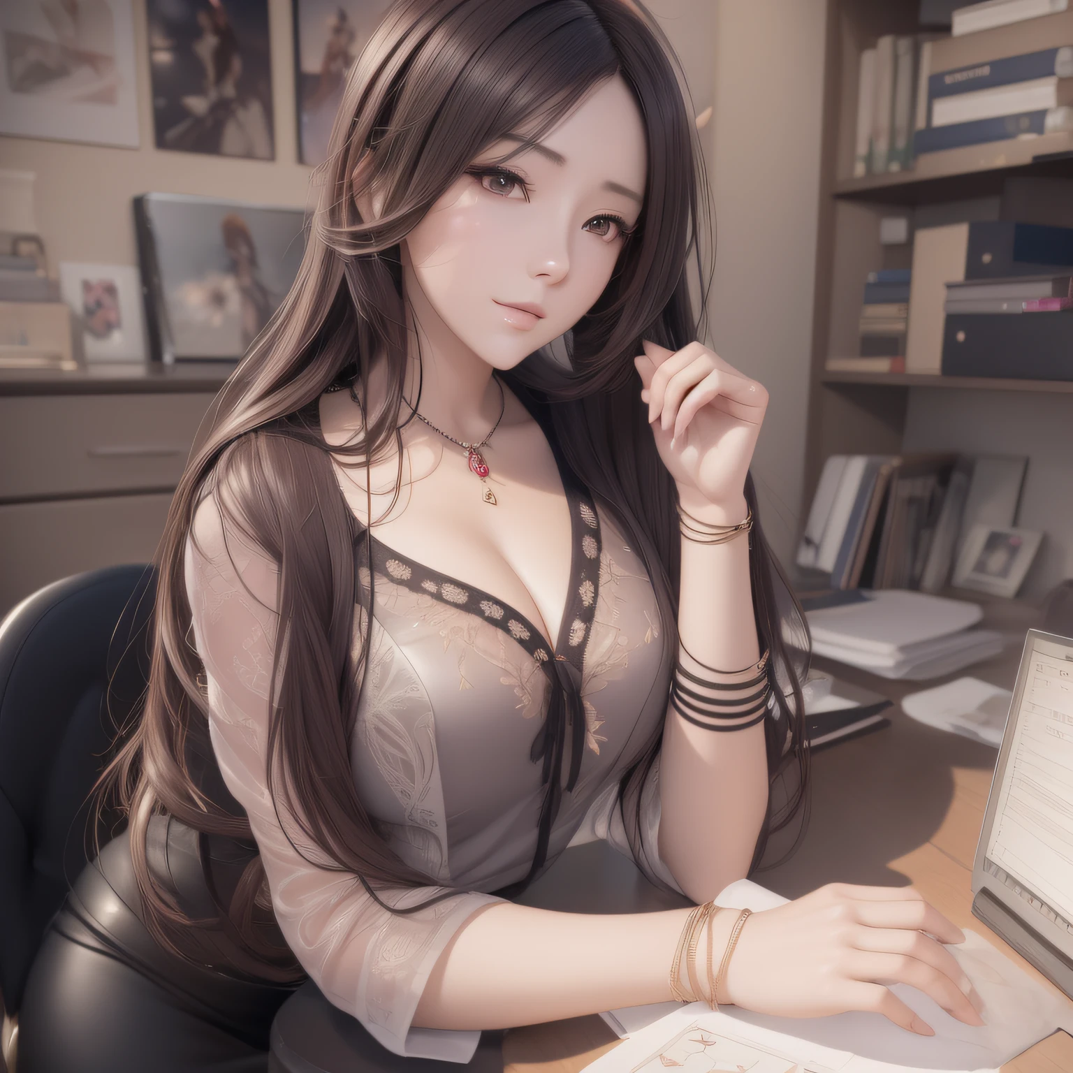 The Arapei woman sat at her desk，holding laptop, seductive anime girls, Guviz-style artwork, trending on cgstation, beautiful and seductive anime woman, attractive anime girls, cute elegant pose, sakimichan, by Yang J, trending at cgstation, beautiful realistic photo, Smooth anime CG art, Realistic anime 3 D style