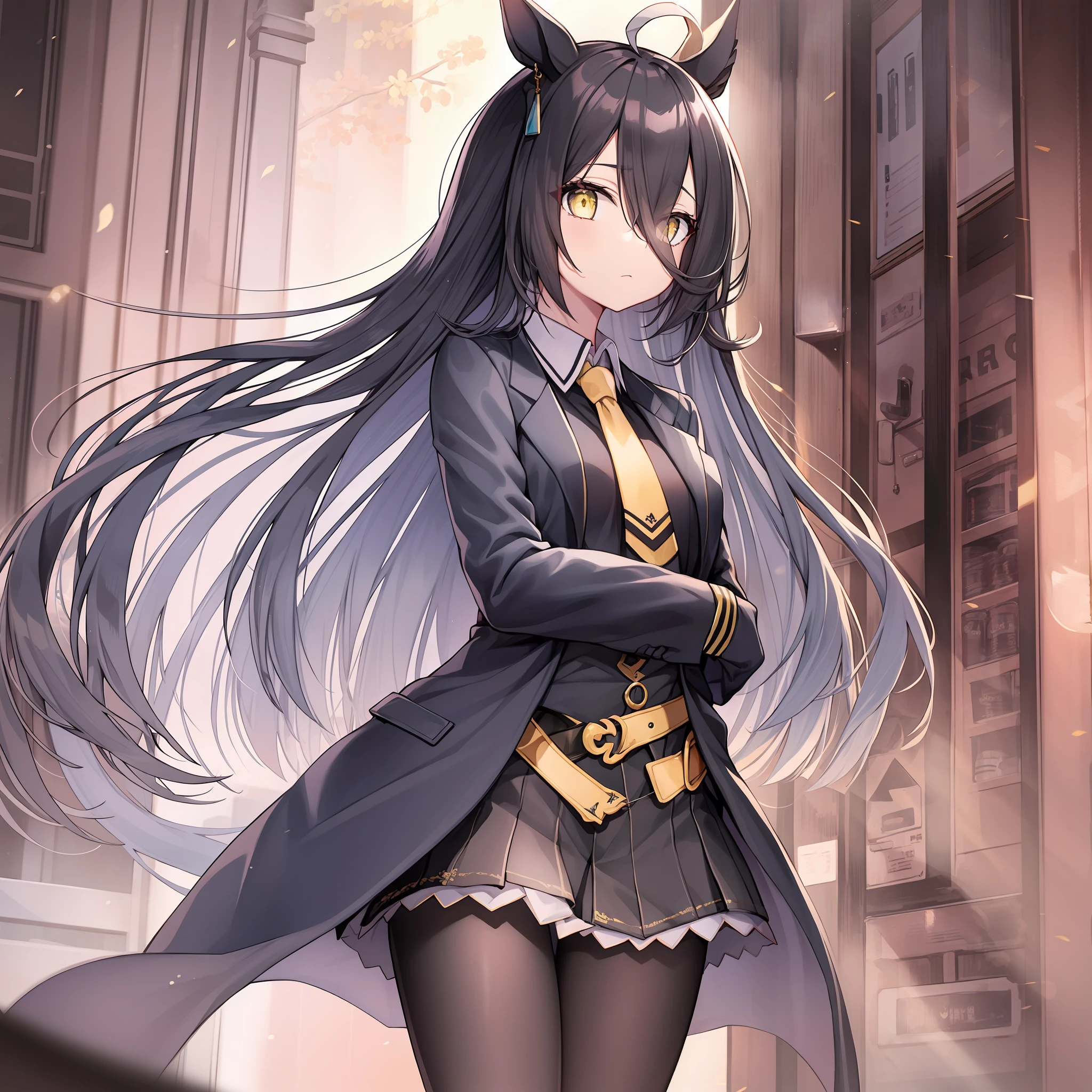 Masterpiece, highest quality, Manhattan Cafe \(uma musume \), thin white color ahoge independent of black hair, long black hair, very thin and long black bangs passing between the eyes, bewitching yellow eyes without highlights, thin and delicate body, black gloves, yellow tie, black pantyhose, black skirt, long sleeves, black vest, belt, closed mouth, black coat, jacket, shirt with collar,