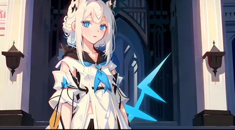 Anime - a stylistic image of a woman in a white dress and blue eyes, From the night of the ark, white-haired god, Digital anime ...