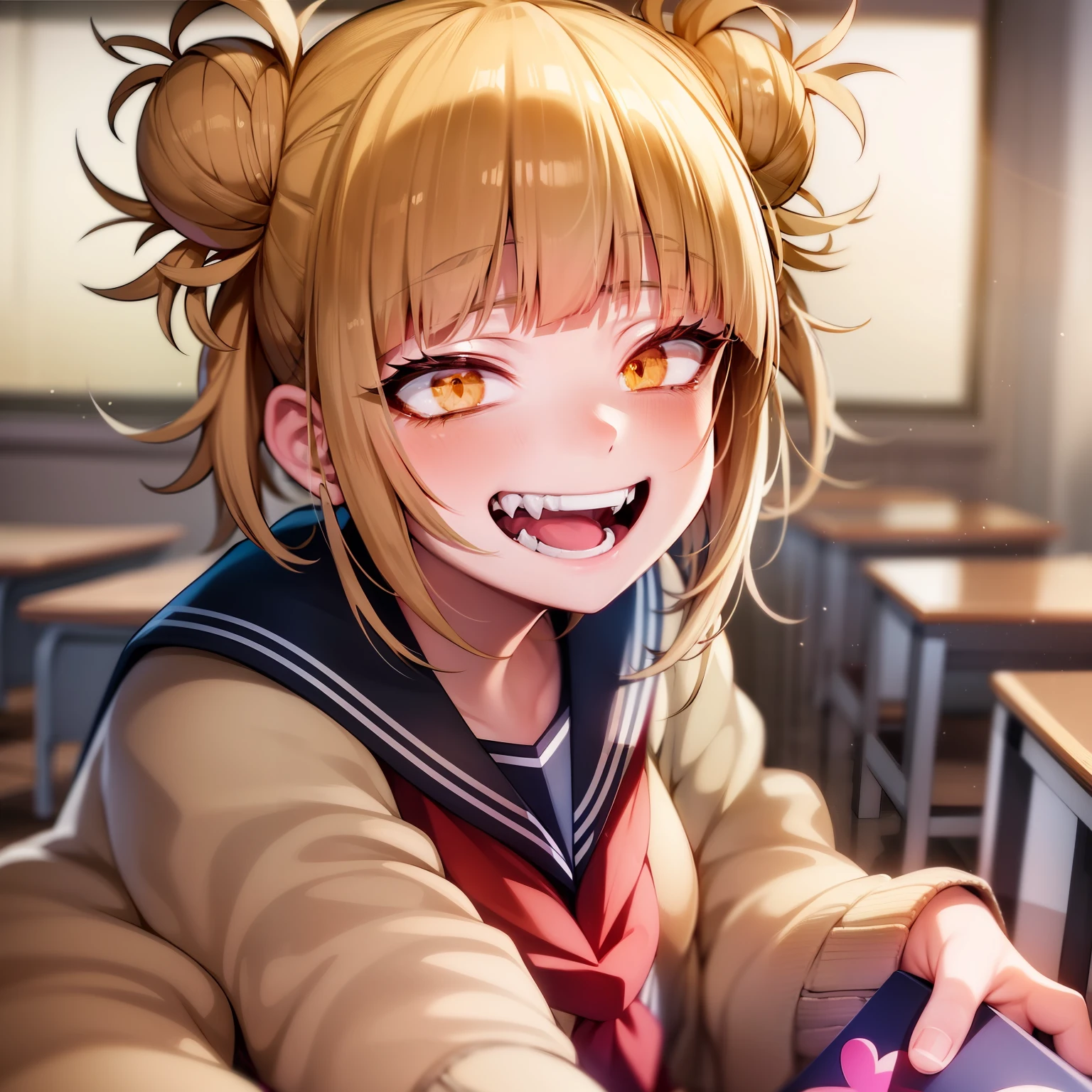 TogaHimiko, 1girl, solo, bags under eyes, blush, open mouth, box, looking at viewer, fangs, holding, (cardigan:1.2), heart-shaped box, evil smile, evil grin, (crazy smile:1.2), classroom, long sleeves, teeth, gift, heart, upper body, blue sailor collar, holding gift