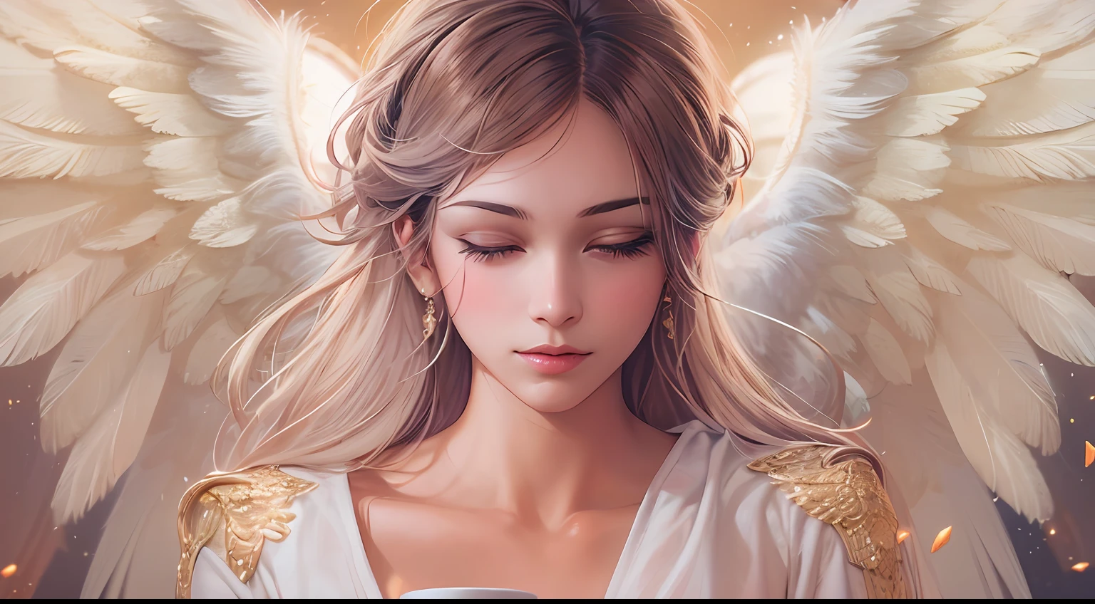 Picture of a girl with a cup of coffee and ángel wings, beautiful ángel girl, cerrar un ojo, beautiful ángel, ángel girl, beautiful ángel portrait, beautiful ángel girl portrait, ángel, ángel, coffee dark ángel, winged girl ángel, adorable pintura digital, ángel themed, ángel, beautiful female ángel, young one ángel