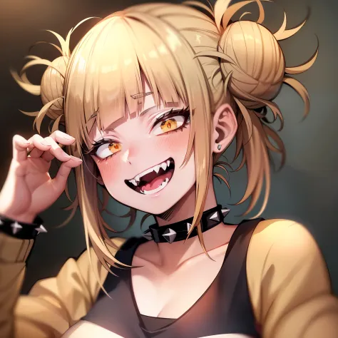 masterpiece, top quality, best quality, 1girl, Toga, (fangs), (unusual pupils), (smile), messy hair, (spikey choker), crazy blus...