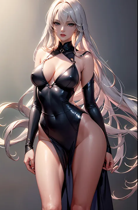Master anime work, impeccable masterpiece, a sexy mature modern woman standing on a pure white background in sexy modern professional clothing, flowing silver hair, full body standing, slender legs, straight breasts, detailed face details, natural and beau...