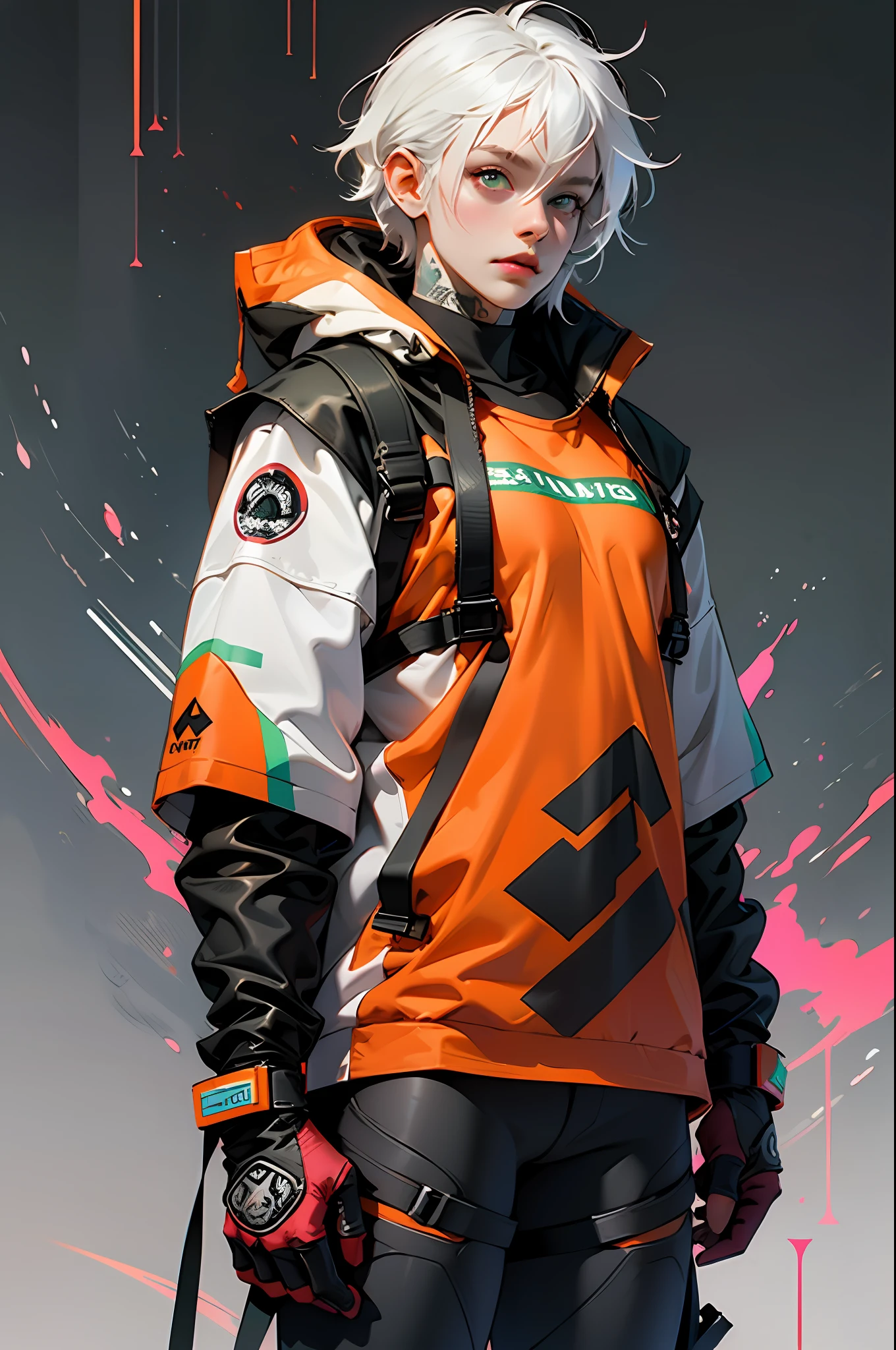 orange, pink, white, green, (white hair woman),tattoos, (techwear clothes:1.1),abstract lines and circles background