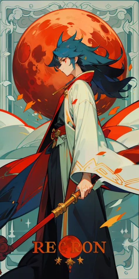 red moon，magnificent robe，holding a staff，handsome face，