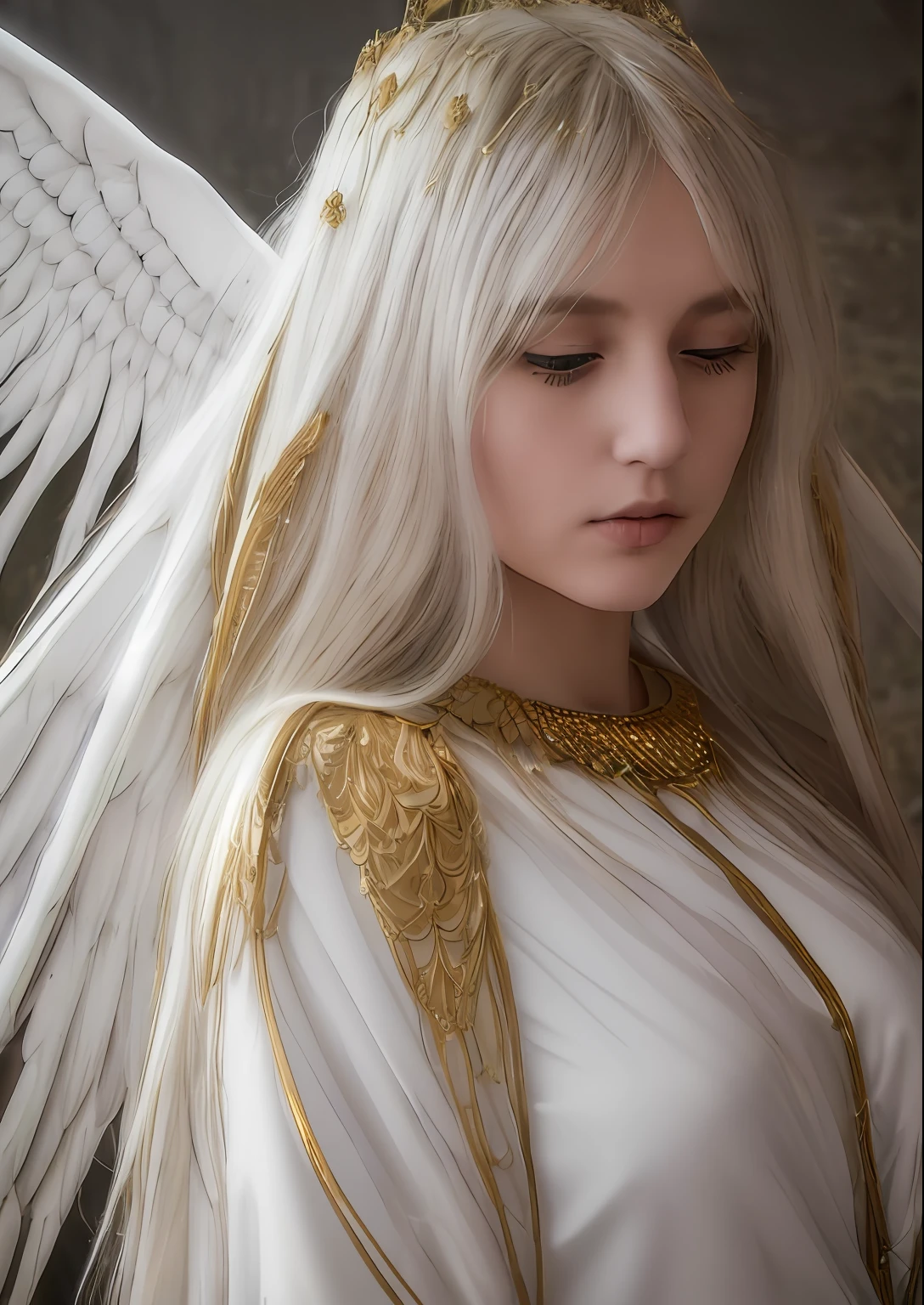 best quality, ultra high res, (photorealistic:1.5), (RAW:1.3) sun light, depth of field, beautiful face, full body, | | 1 european girl, white hair, golden eyes, long hair, halo, angel wings, gold tiara, gold lace, gold cape, gold necklace, slim body, medium breast, serene expression, looking at viewer, | | cathedral