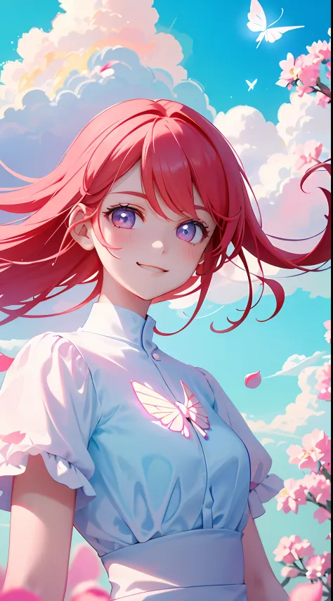 Masterpiece, Best Quality, Movie Stills, 1Girl, Floating in the Sky, Cloud Girl, Clouds, (Close-up: 1.1), Bright, Happy, Funny, Soft Lighting, Pale Rio red Hair, Smile, pink butterfly and flowers