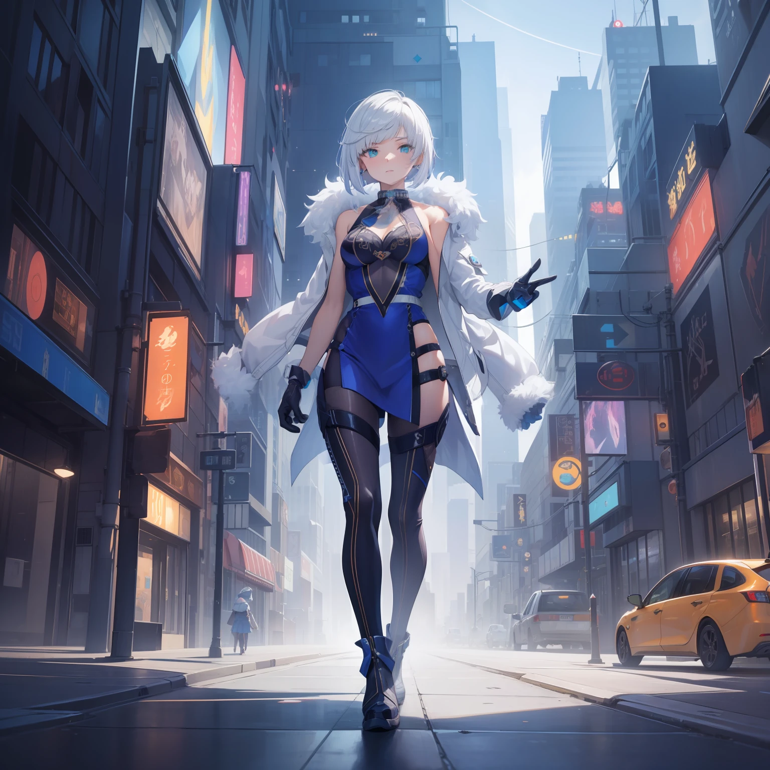 (masterpiece:1.2), best quality,realistic,Elaina,
Cyberworld,1girl, letterboxed, solo, white hair, scenery, short hair, jacket, science fiction, holding, holographic interface, city, blue jacket, gloves, city lights, long sleeves, looking up, cityscape, boots, building, night, from above