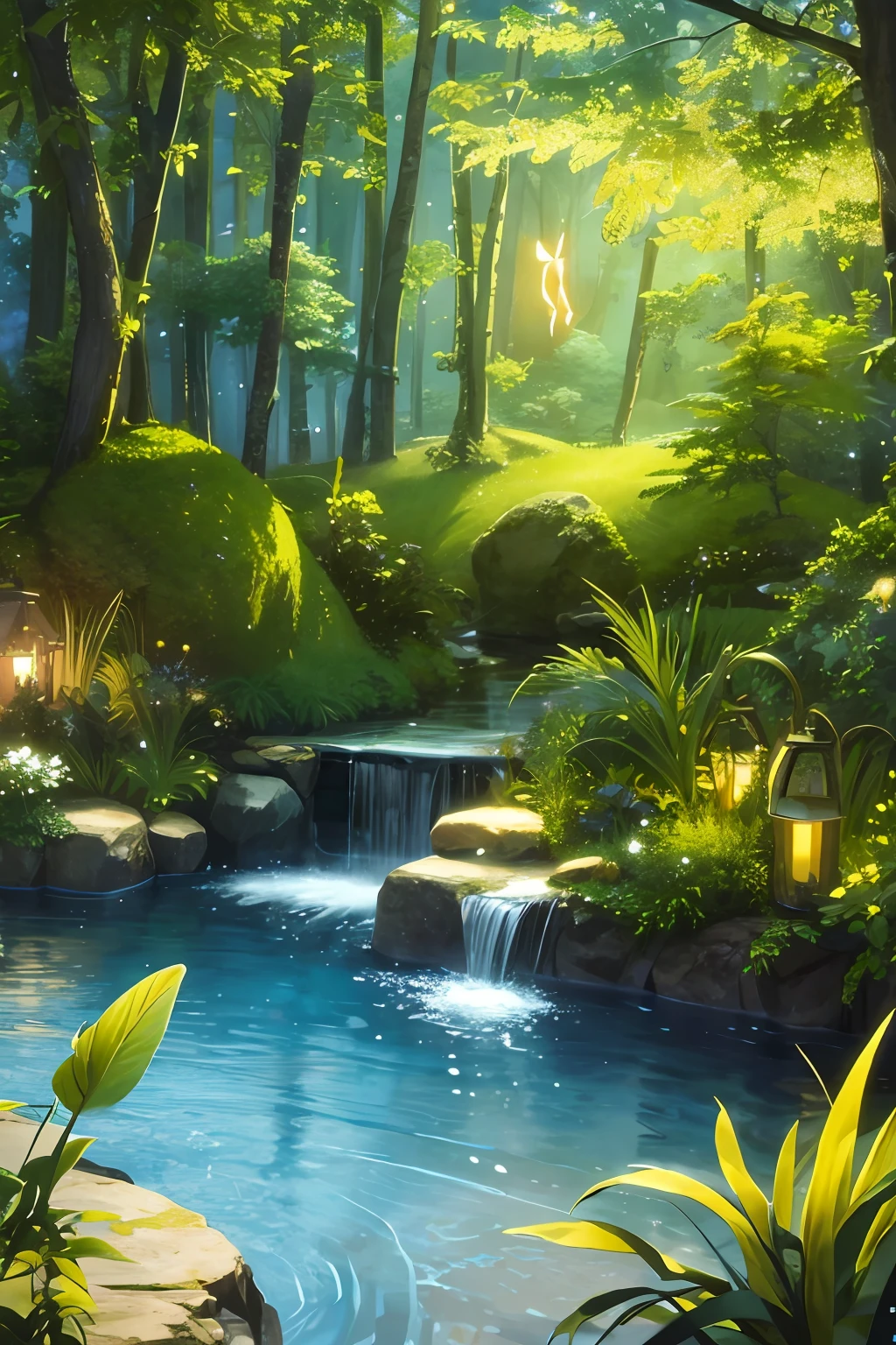 Masterpiece, best quality, (very detailed CG unity 8k wallpaper), (best quality), (best illustration), (best shadows), glow sprite, with a glowing deer, in the swimming pool Drinking water, natural elements in the forest theme. Mysterious forest, beautiful forest, nature, surrounded by flowers, delicate leaves and branches surrounded by fireflies (natural elements), (jungle theme), (leaves), (twigs), (fireflies), (particle effects) etc. 3D , Octane rendering, ray tracing, super detailed
