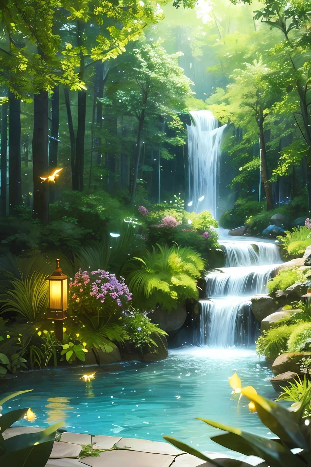 Masterpiece, best quality, (very detailed CG unity 8k wallpaper), (best quality), (best illustration), (best shadows), glow sprite, with a glowing deer, in the swimming pool Drinking water, natural elements in the forest theme. Mysterious forest, beautiful forest, nature, surrounded by flowers, delicate leaves and branches surrounded by fireflies (natural elements), (jungle theme), (leaves), (twigs), (fireflies), (particle effects) etc. 3D , Octane rendering, ray tracing, super detailed