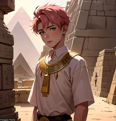 a 15-year-old boy with short pink hair is a man who has honey-colored eyes this white hanging in the background of ancient egypt...