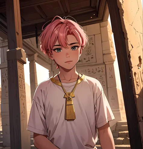 a 15-year-old boy with short pink hair is a man who has honey-colored eyes this white hanging in the background of ancient egypt...