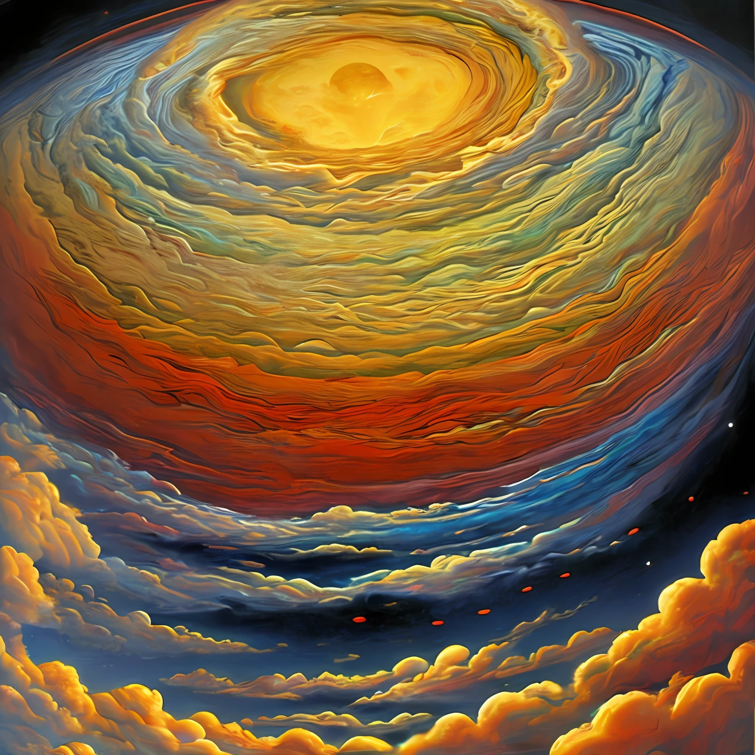 Illustration of Jupiter's clouds, epic scene, intrincado, psicodelic, Lovecraft