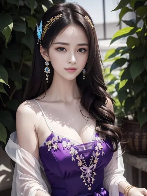 She wears a long purple dress，Between the arms is a white and purple translucent shawl embroidered with a butterfly pattern。A so...