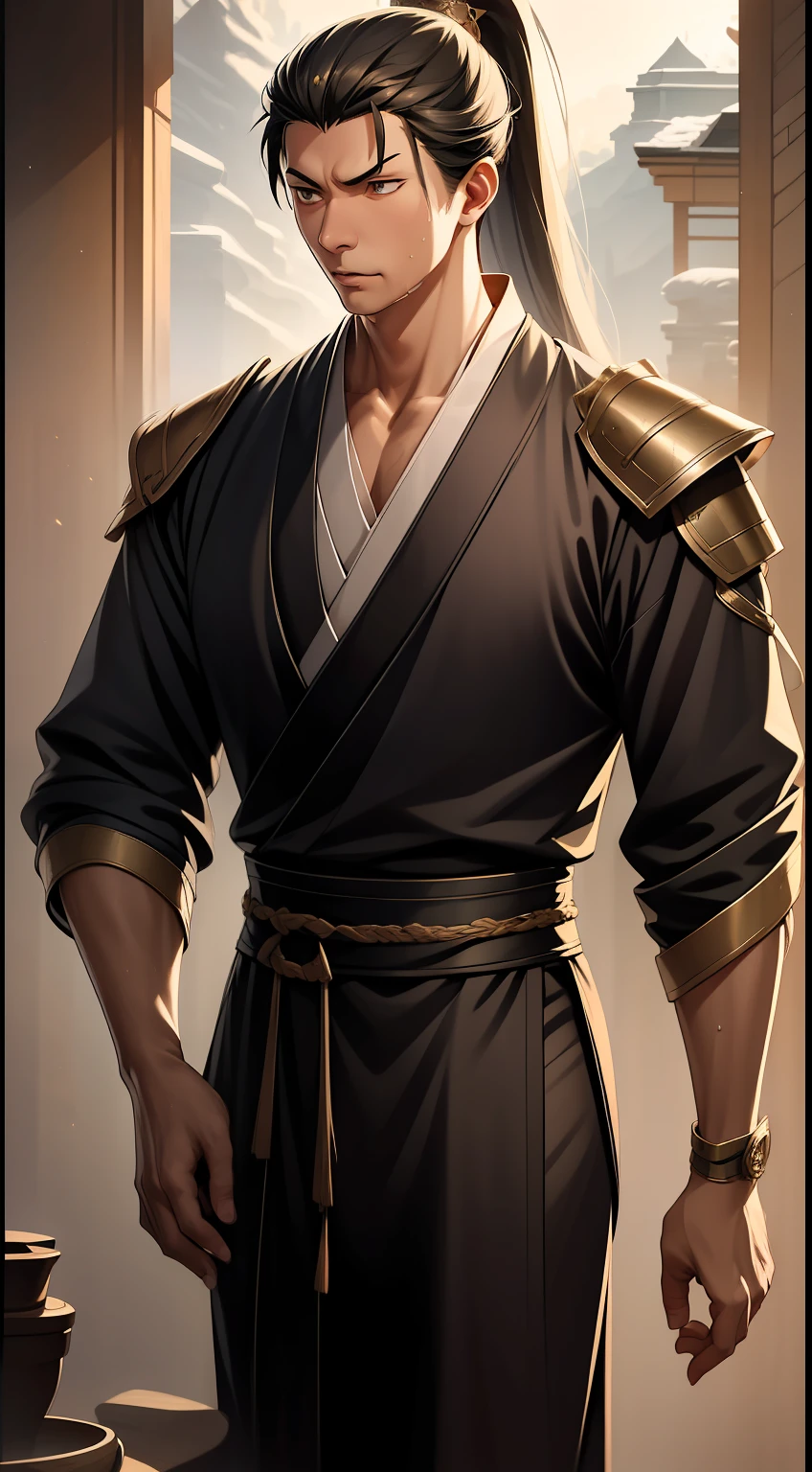 quadratic element，style of anime，mtu（Male Warrior），The proportions are correct，Face details，swordsmen，High ponytail hairstyle，Neck details，There is an Adam's apple，Black Hanfu，kaftan，Embroidered robes，Black robe，clothes details，Handing over，longer sleeves，Game quality，Swordsmanship，Light and shadow tracking，Ray traching，detailed glow，cg render，hair detail，long  white hair，Black eyes，Handsome，Handsome，（juvenile sense），Clothing is complicated，Perfectcomposition，Refinement，high qulity，higher details，Lots of details，The background is complex，a sense of atmosphere，