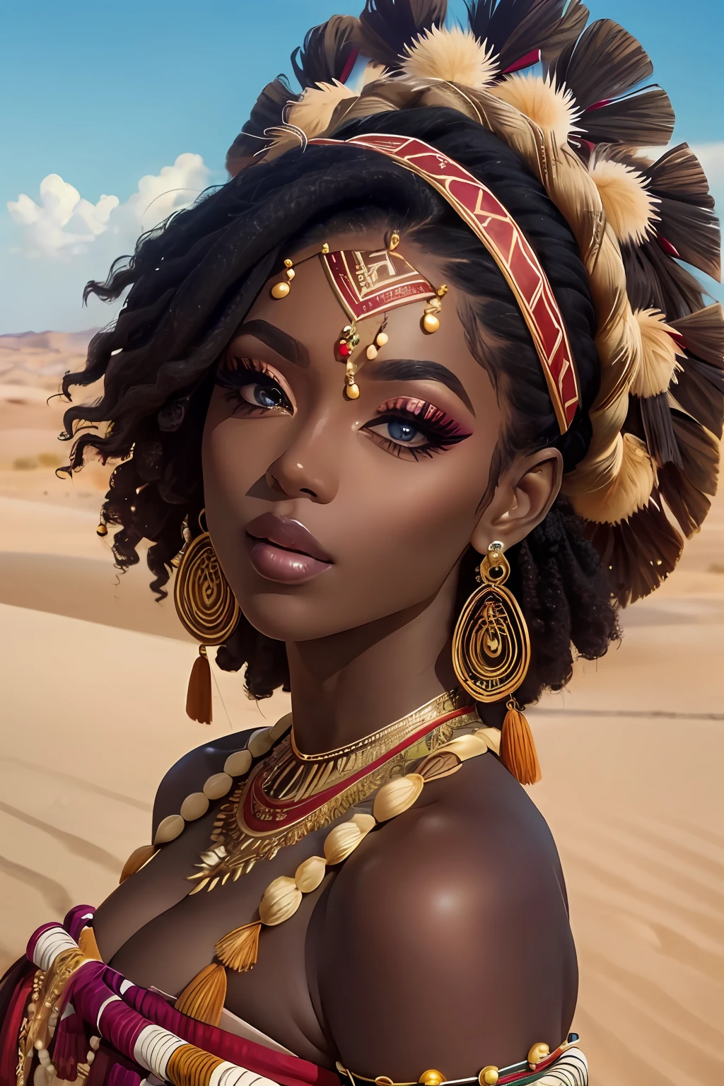 (masterpiece:1.2), (best quality:1.2), perfect eyes, perfect face, perfect lighting, photoshoot, 1girl, mature female wearing SSAHC, SSAHC, dark-skinned, colorful tribal dress, headdress, thick eyelashes, makeup, eyeshadow, medium hair, oasis, desert detailed outdoor background