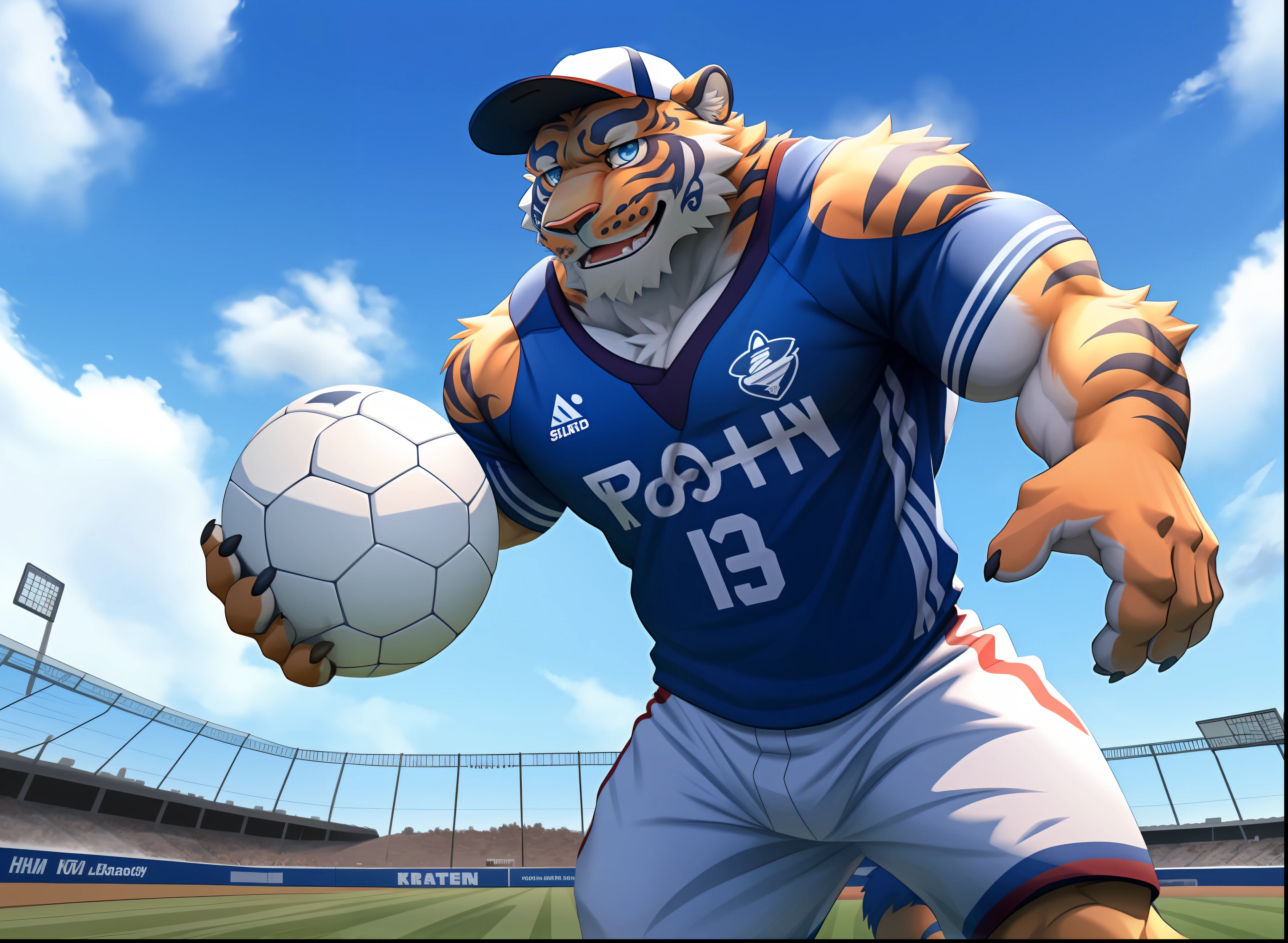 anthro, balls, bodily fluids, fur, looking at viewer, male, multicolored body, multicolored fur, muscular, musk clouds,solo, two tone body, two tone fur, (lin hu),  baseball cap, baseball uniform, blue eyes,full body,soccer ball，play soccer，