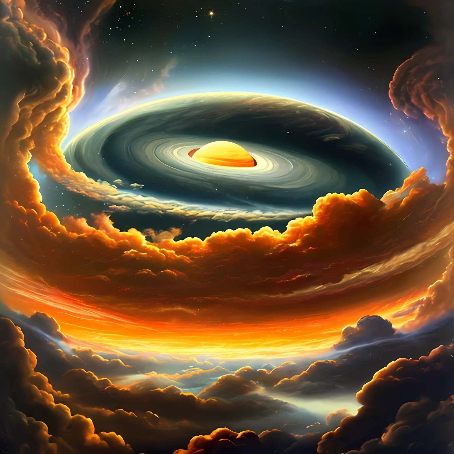 Illustration of Jupiter's clouds, epic scene, intrincado, Lovecraft, assustador, universo, quasar, sombrio