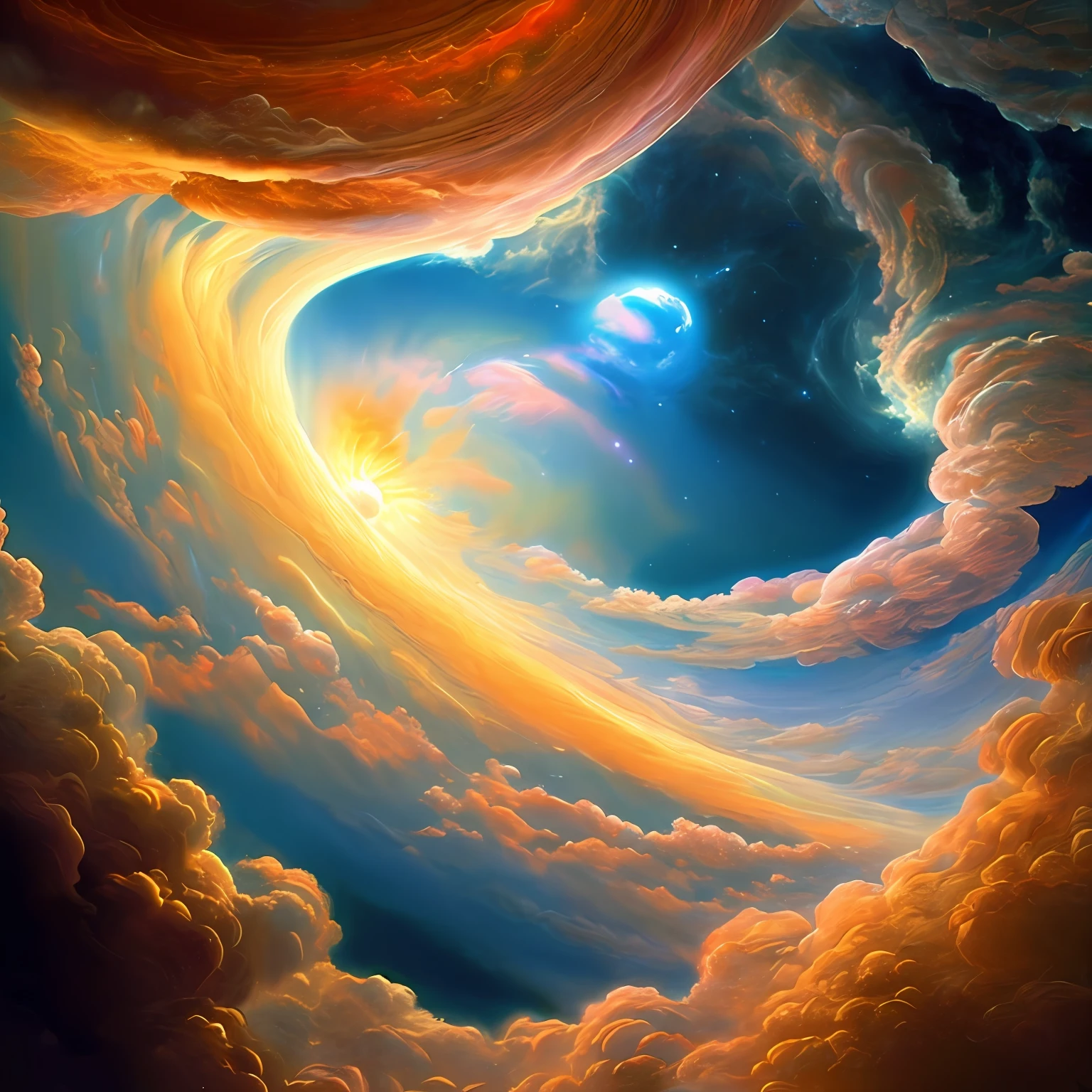 Illustration of Jupiter's clouds, epic scene, intrincado, Lovecraft, assustador, universo, quasar, sombrio