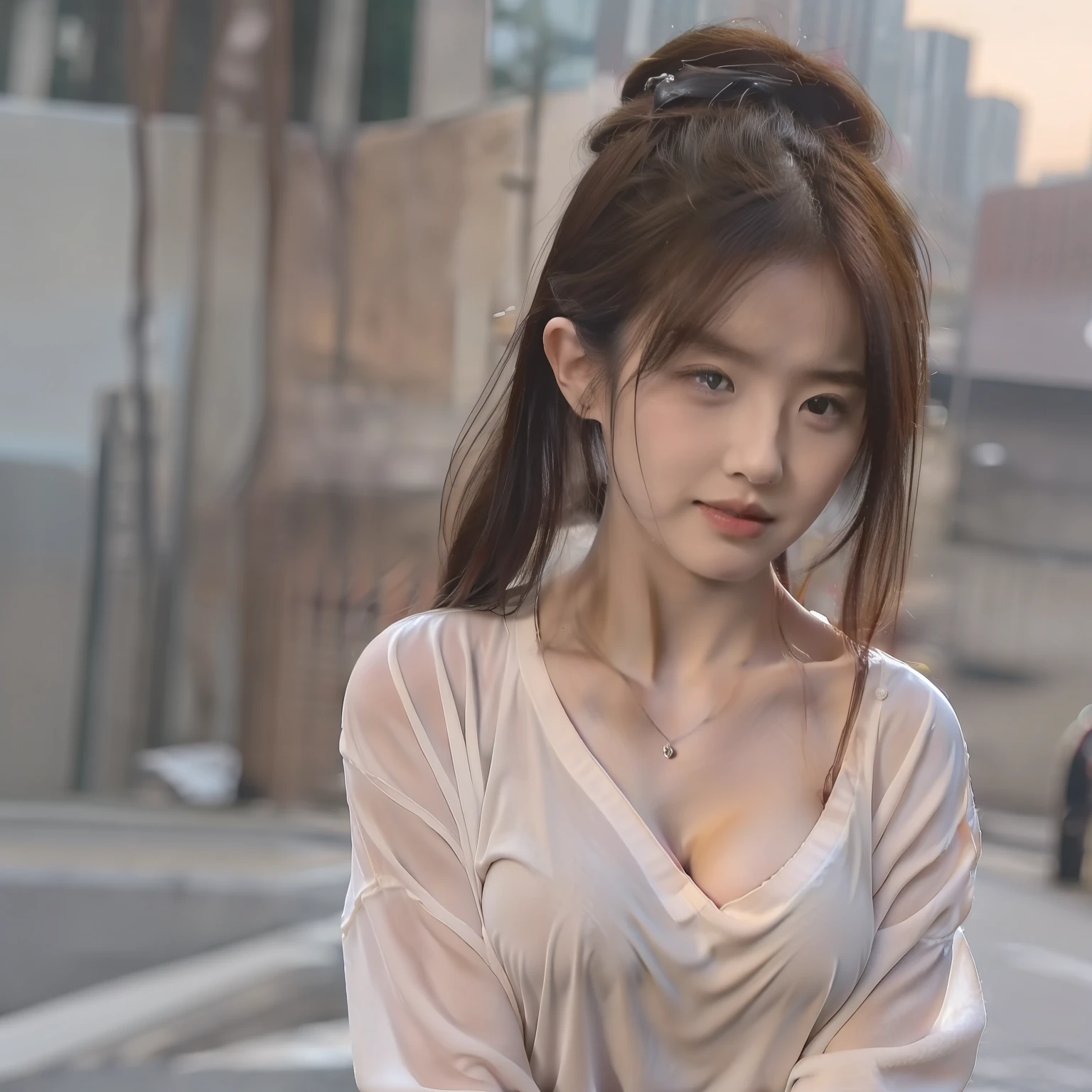 ((Best Quality, 8K, Masterpiece: 1.3)), Sharp: 1.2, Perfect Body Beauty: 1.4, Slim Abs: 1.2, ((Layered Hairstyle, Big Breasts: 1.2)), (Wet White Button Long Shirt: 1.1), (Rain, Street: 1.2), Wet: 1.5, Highly detailed face and skin texture, detailed eyes, double eyelids, side face looking at the camera