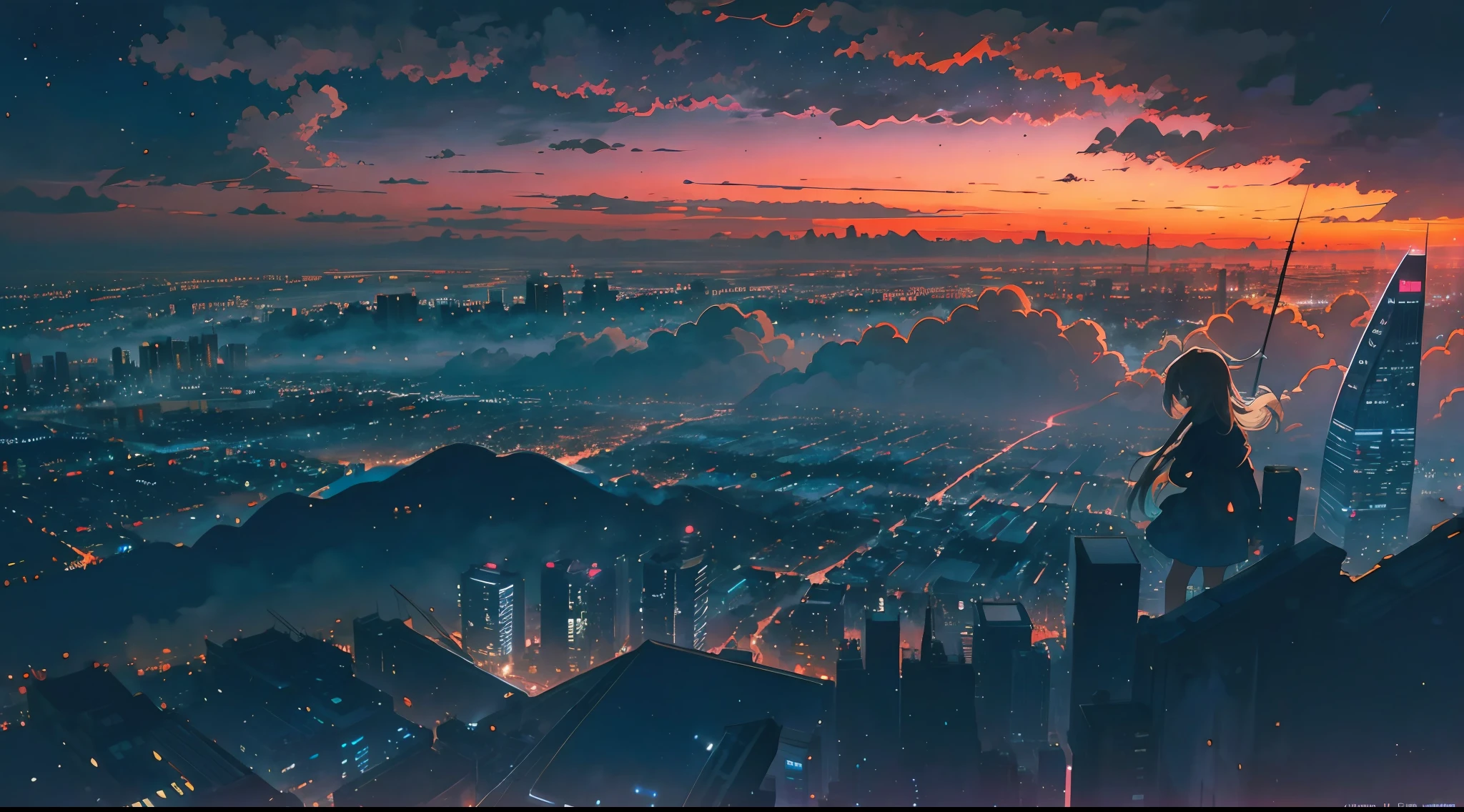 anime,silhouette,1girl, star (sky), cloud, cityscape, building, city, outdoors, skyscraper, city lights, night, night sky, sunset, skyline --auto