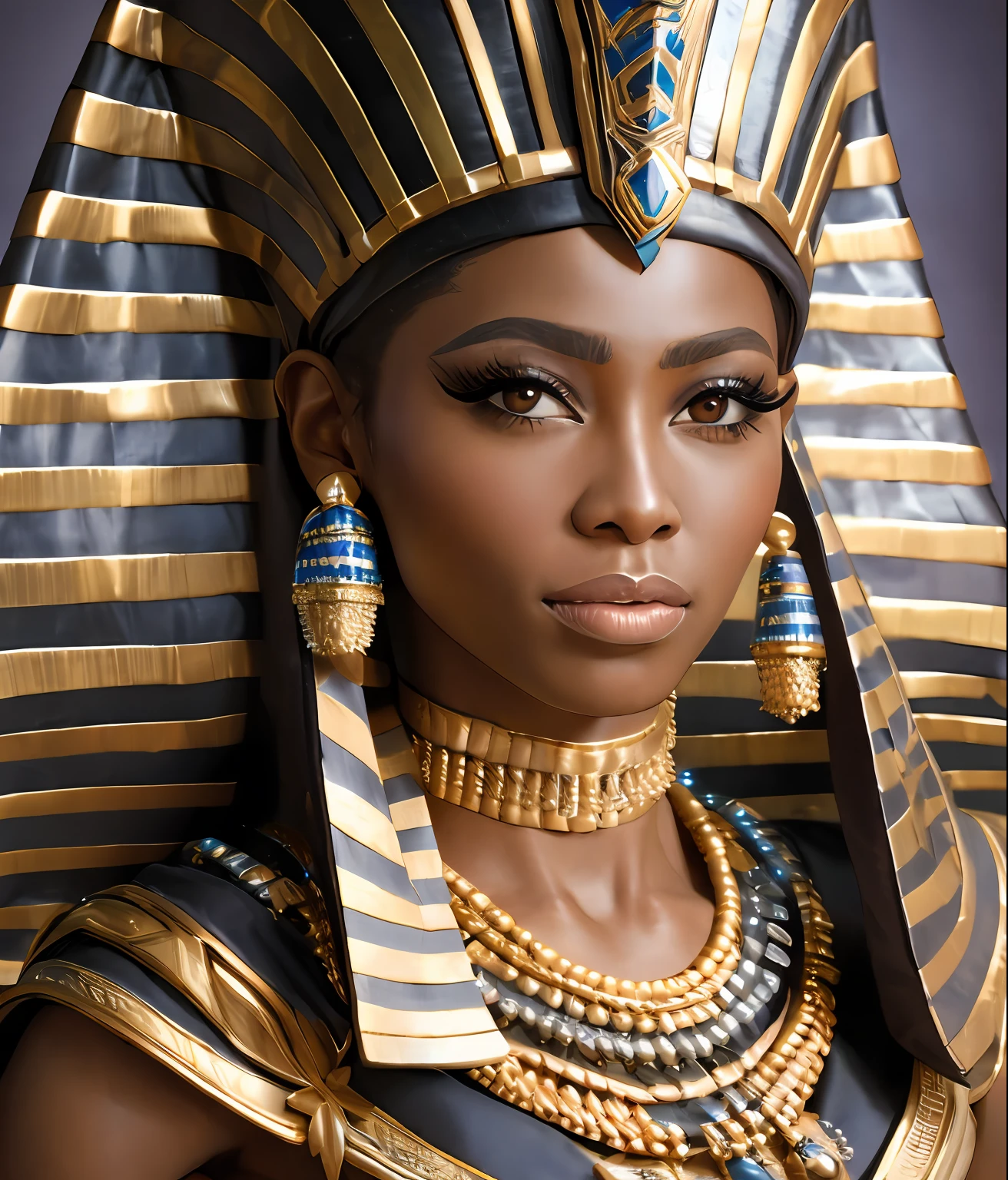 이집트 파라오 여신 의상을 입은 아름다운 흑인 여성 모델의 현실적인 세부 묘사, 이집트 왕실 의상, 중간 범위 초상화, 매우 상세한, 날카로운 초점, 걸작, 의뢰받은, (전문적인 손), 전문 해부학, 색상 보정, 게시물에서 편집됨, (적색편이 스타일, 고전적인 부정:1.2)