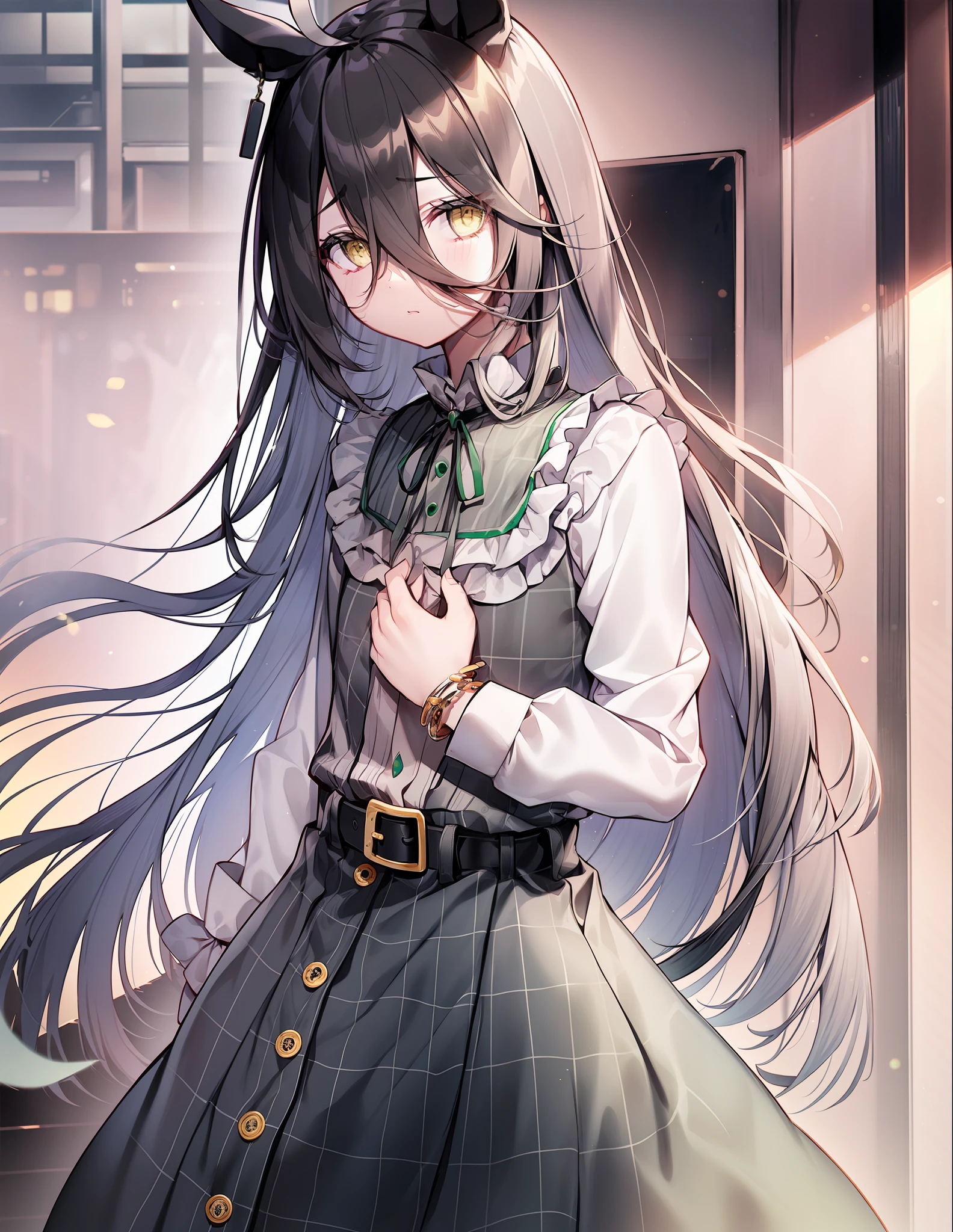 ((​masterpiece))、((top-quality))、(solo)、Full body wide angle、manhattan-cafe,manhattan-cafe(Plain clothe),、White ahoge, (Long Black Hair)、long black bangs passing between the eyes,,、Black-haired horse ears、Horse tail、Yellow eyes without highlights、((((flat chest))))、 rcasual、Neck ribbon、a black ribbon、puffy long sleeves、A bracelet、Yellow collar shirt、Ruffled shirt collar、Tuck your shirt in、Black belt、belt buckle、(Dark green long skirt)、plaid skirts、Black pantyhose、Black footwear、