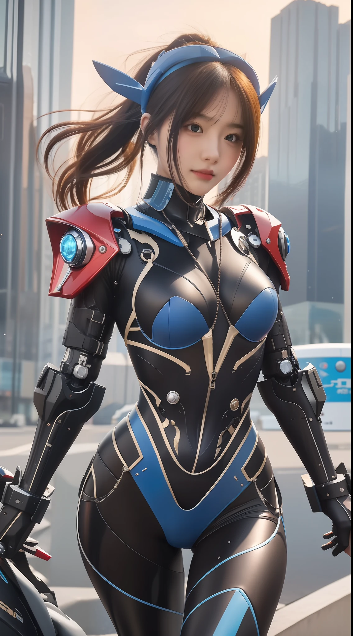 Highest Quality, Outstanding detail, 超A high resolution, (fidelity: 1.4), Best Illustration, favor details, Mecha girl with a delicate and beautiful face, ((Blue Symborg Body: 1.8)), full bodyesbian,zoomout,Frontal, ruins,Cyberpunk, Futuristic, Real Mecha、glitters、droid、s Armor、head gear、mechanical aesthetics, Complex mechanics,, Virtual Engine 5, Perfect Detail Rendering, Octane Rendering, Ultra HD、Hair flutters in the wind、flying though the air、A sexy