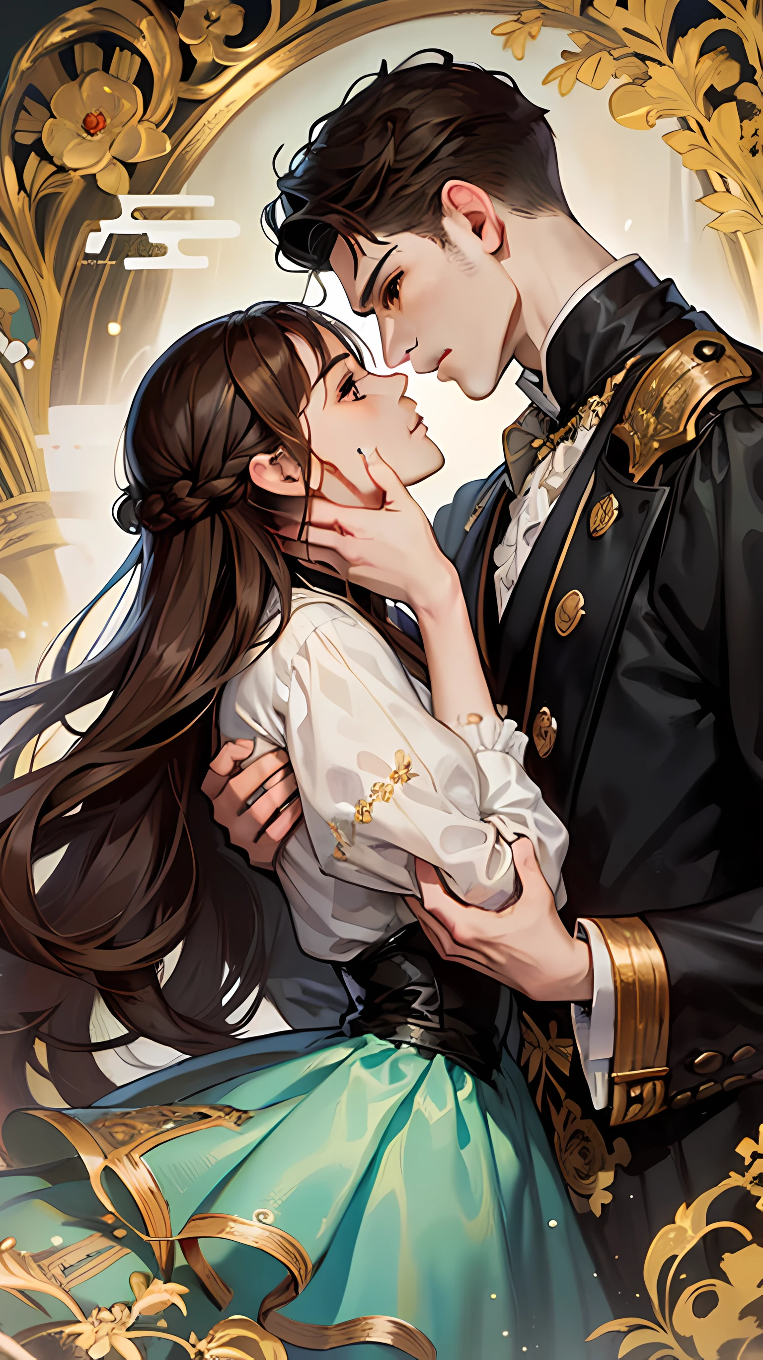 ((Masterpieces)), Best quality, outstanding illustration, A couple kissing, Soft focus, 1 man with long brown hair, Red eyes, 1 girl with long black hair, Brown eyes, Victorian clothes, Victorian romanticism, opulent and exquisite atmosphere, soft light and warm lighting. (((Specific characteristics)))