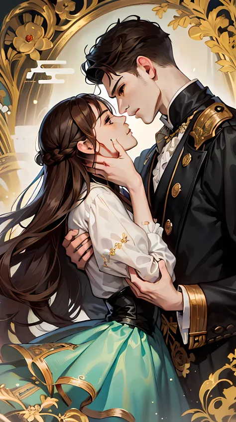 ((Masterpieces)), Best quality, outstanding illustration, A couple kissing, Soft focus, 1 man with long brown hair, Red eyes, 1 ...