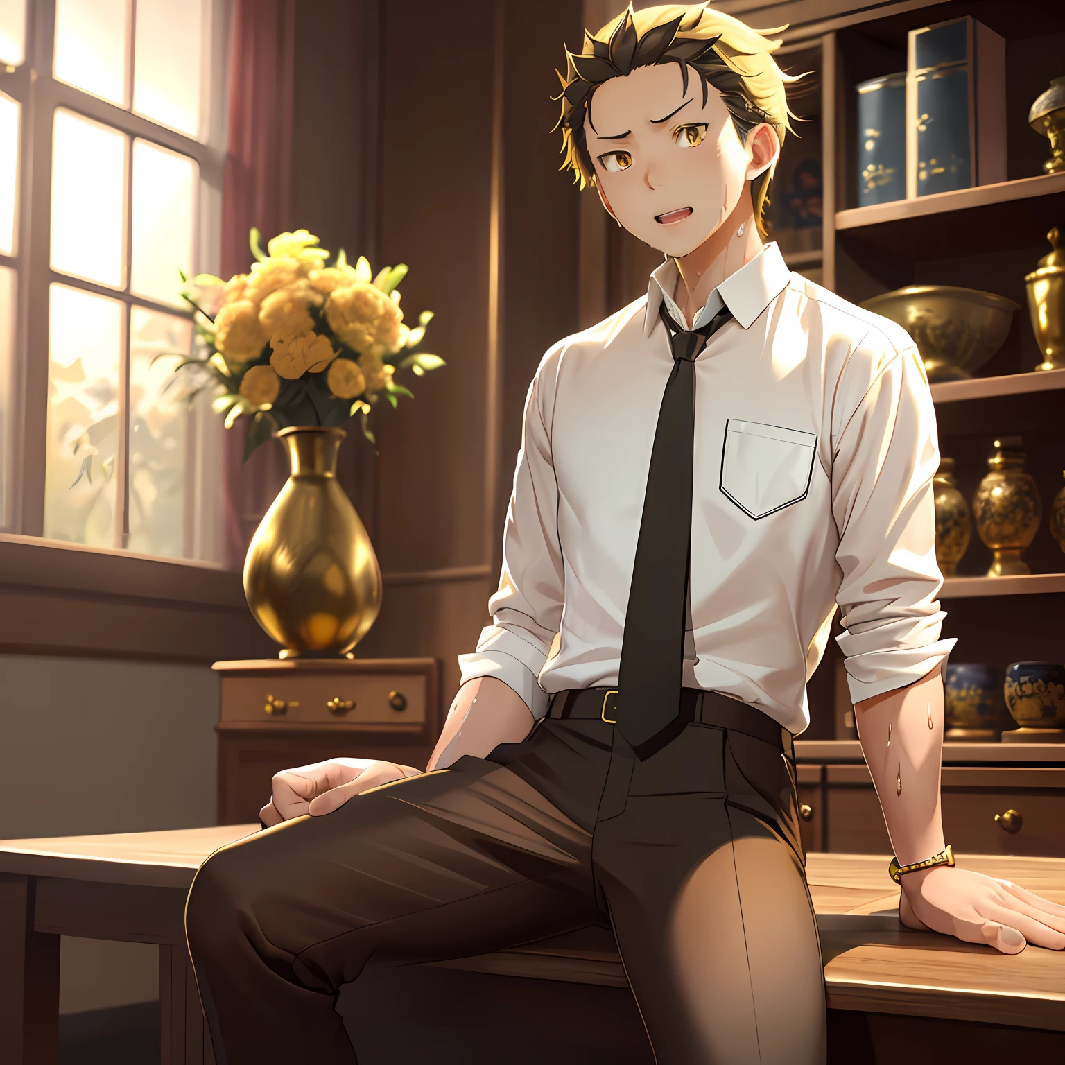 A high resolution， Sharp focus， Pixiv masterpiece， （（Complicated details））， highly  detailed， natsuki_subaru， 1 man， with her mouth open，full bodyesbian，sit astride， Golden eyes（eyes glowing）， blond hairbl， The shirt，Drenched，Gold tie，trousers，thongs，perspire，look from down
