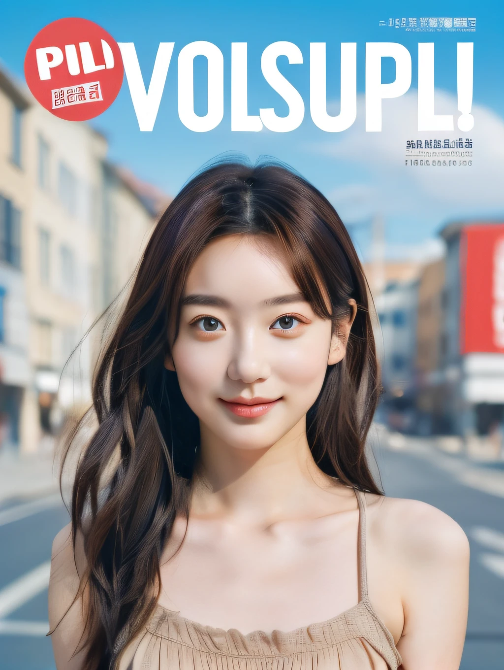 JPNIDOL、1girl in、Idol magazine cover、Beautiful model with brown hair at 26 years old、​masterpiece、hightquality、looking at viewert、blue open sky、A city scape、in 8K、masuter piece
