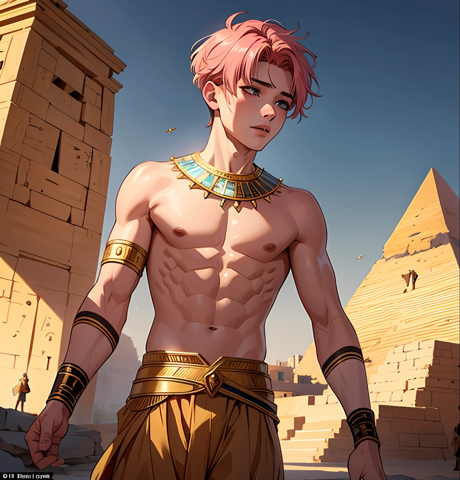 A 15-year-old boy with short pink hair is a man who has honey-colored eyes of this white hanging at the bottom of ancient Egypt you can see the pyramids