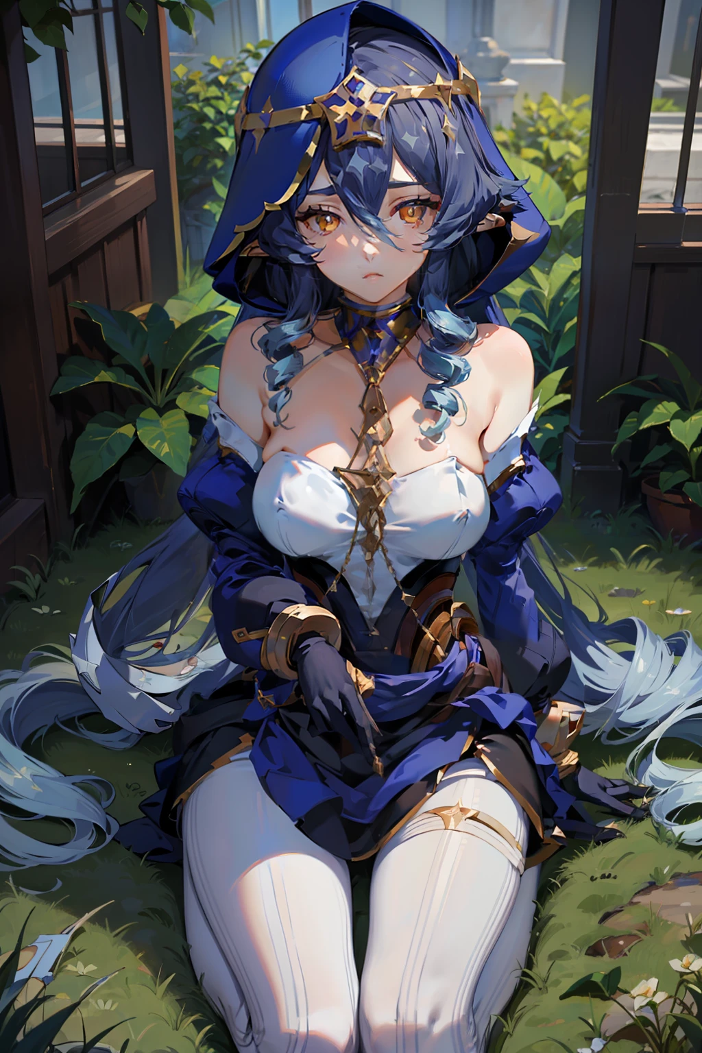 (masterpiece), best quality, expressive eyes, perfect face, w sitting,w sitting on ground, legs on ground, big breast, good breast,laylarnd,layladef, both arms between legs