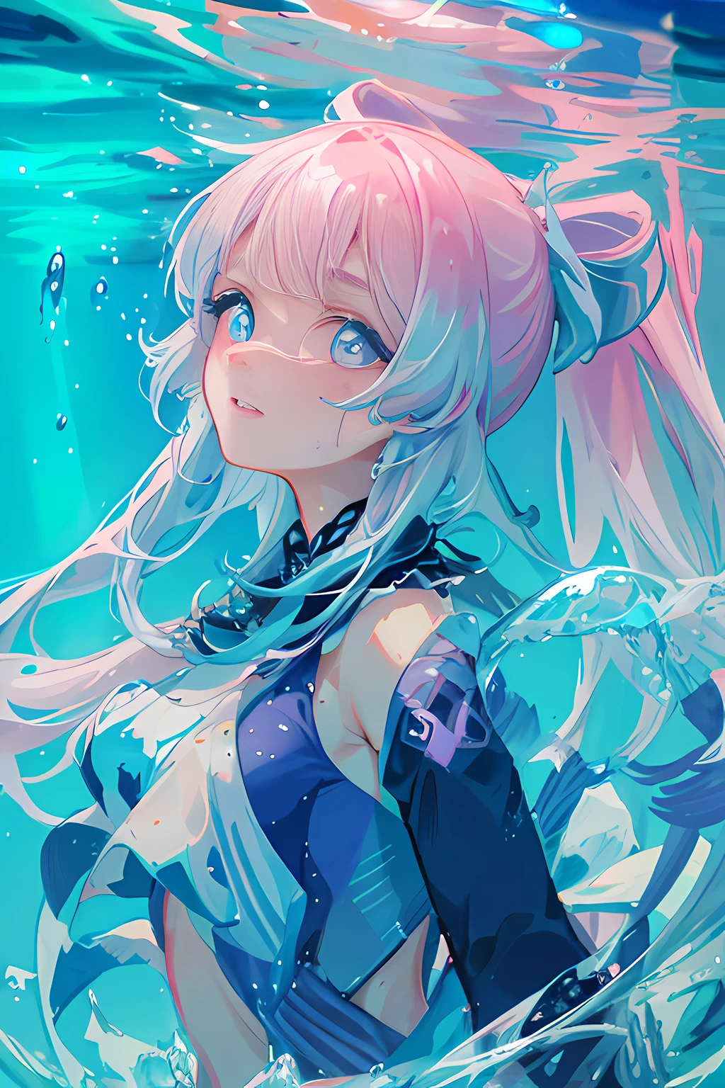 best quality, ultra detailed, beautiful detailed face, 1girl, solo, submerged water, partially submerged, bubbles, shiny skin, sweat,  cloudy sky,
