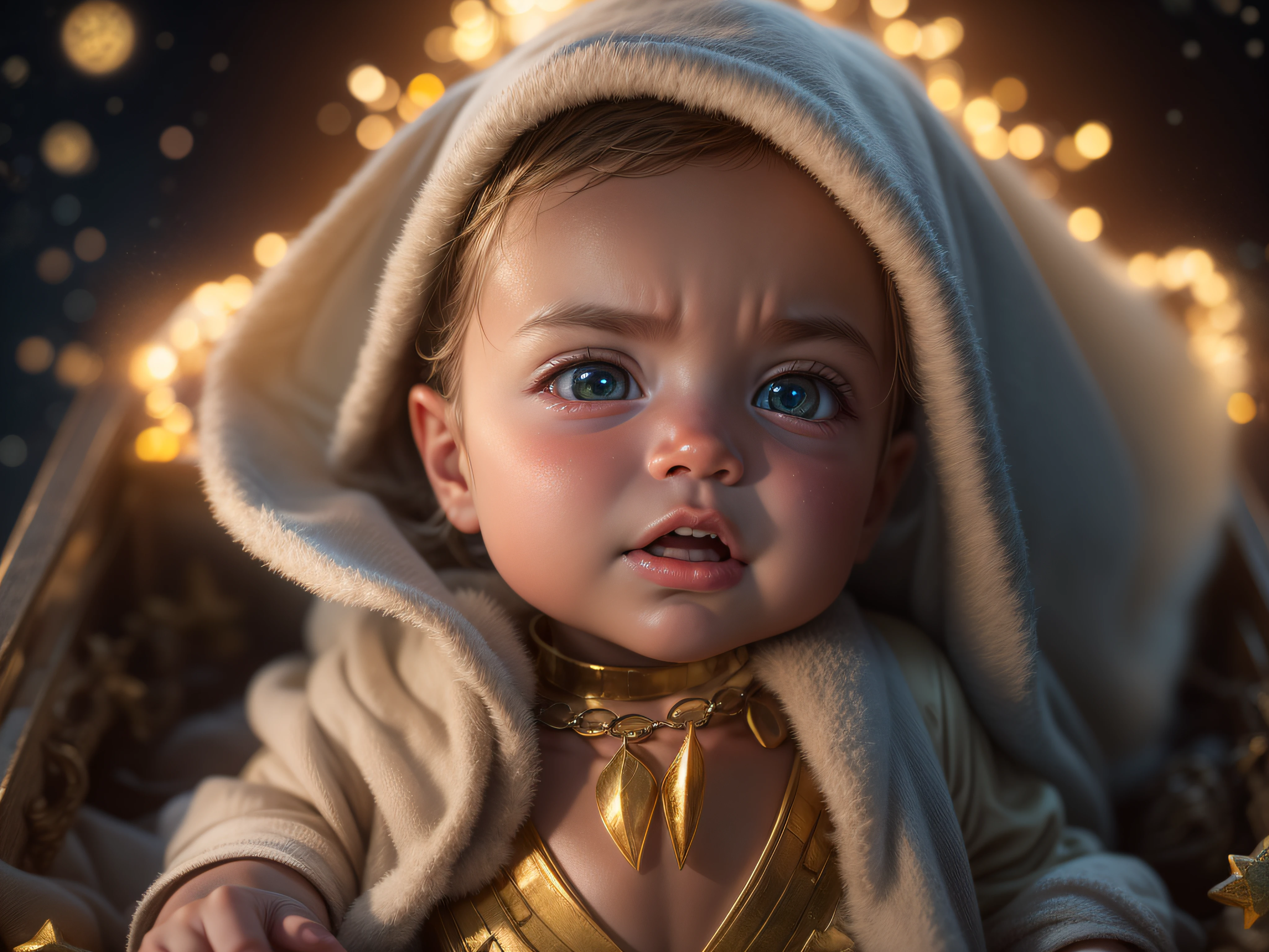 Close a powerful threat, The graceful appearance of a baby Aquaman dressed in beige uniform in a manger;, menacing stare, ricamente detalhado, Hiper realista, 3D-rendering, obra-prima, NVIDIA, RTX, ray-traced, Bokeh, Night sky with a huge and beautiful full moon, estrelas brilhando, 8k,