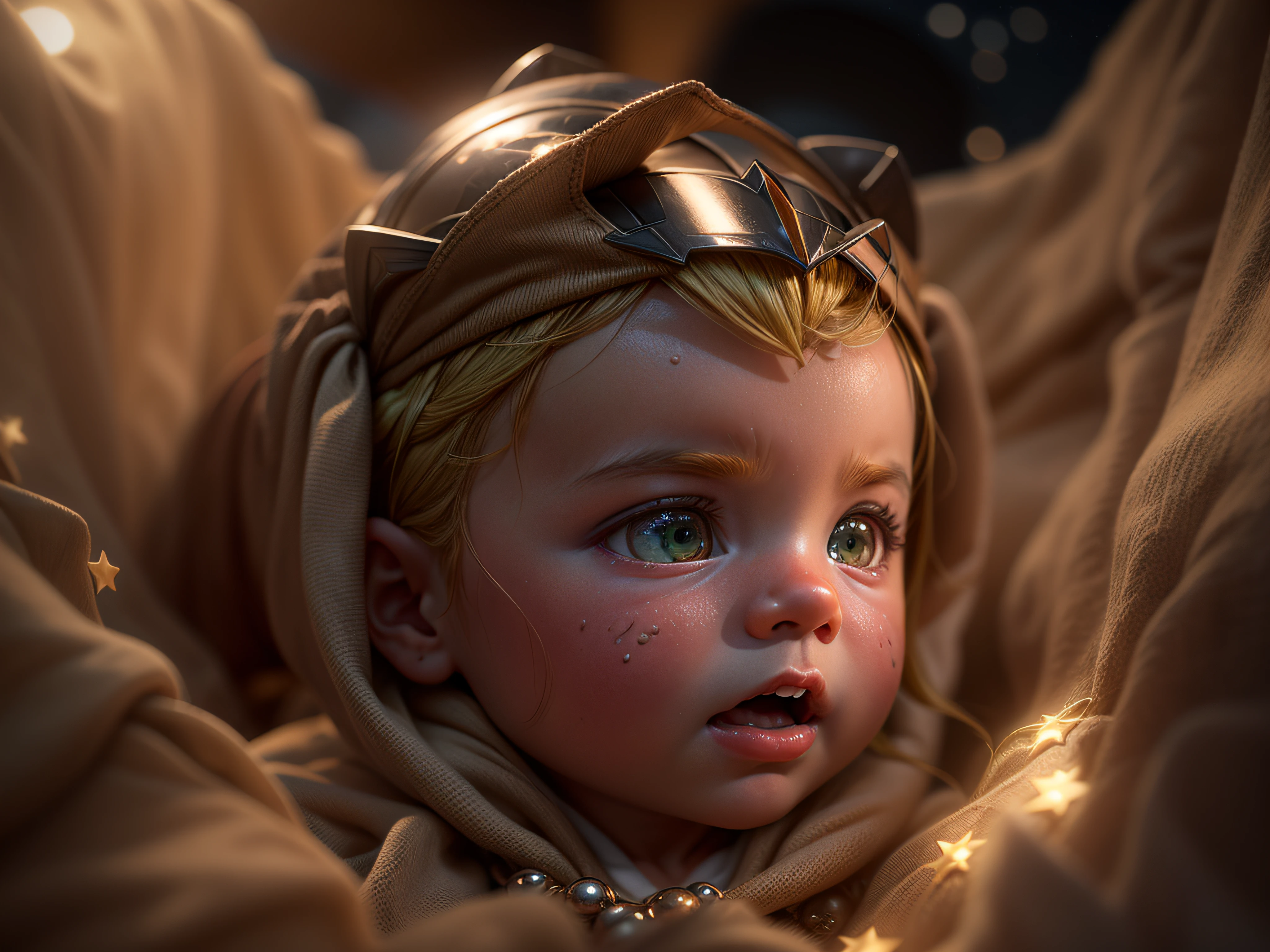 Close a powerful threat, The graceful appearance of a baby Aquaman dressed in beige uniform in a manger;, menacing stare, ricamente detalhado, Hiper realista, 3D-rendering, obra-prima, NVIDIA, RTX, ray-traced, Bokeh, Night sky with a huge and beautiful full moon, estrelas brilhando, 8k,