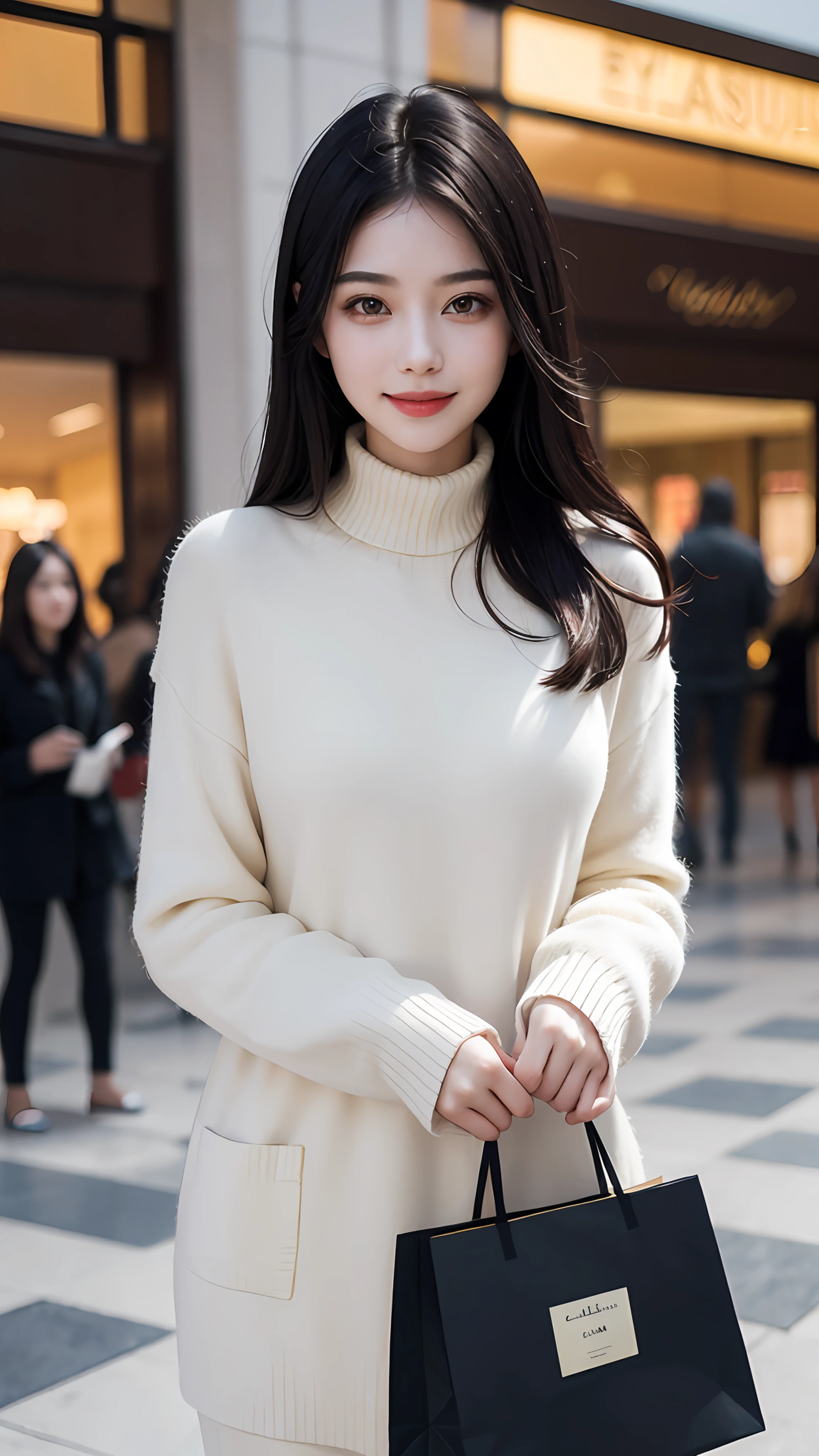 Best quality, masterpiece, ultra high res, photorealistic, Beautiful girl, shopping at the mall in luxury celebrity style, a bit of a blurry face, black hair, double eyelids, smile, pale skin, bokeh